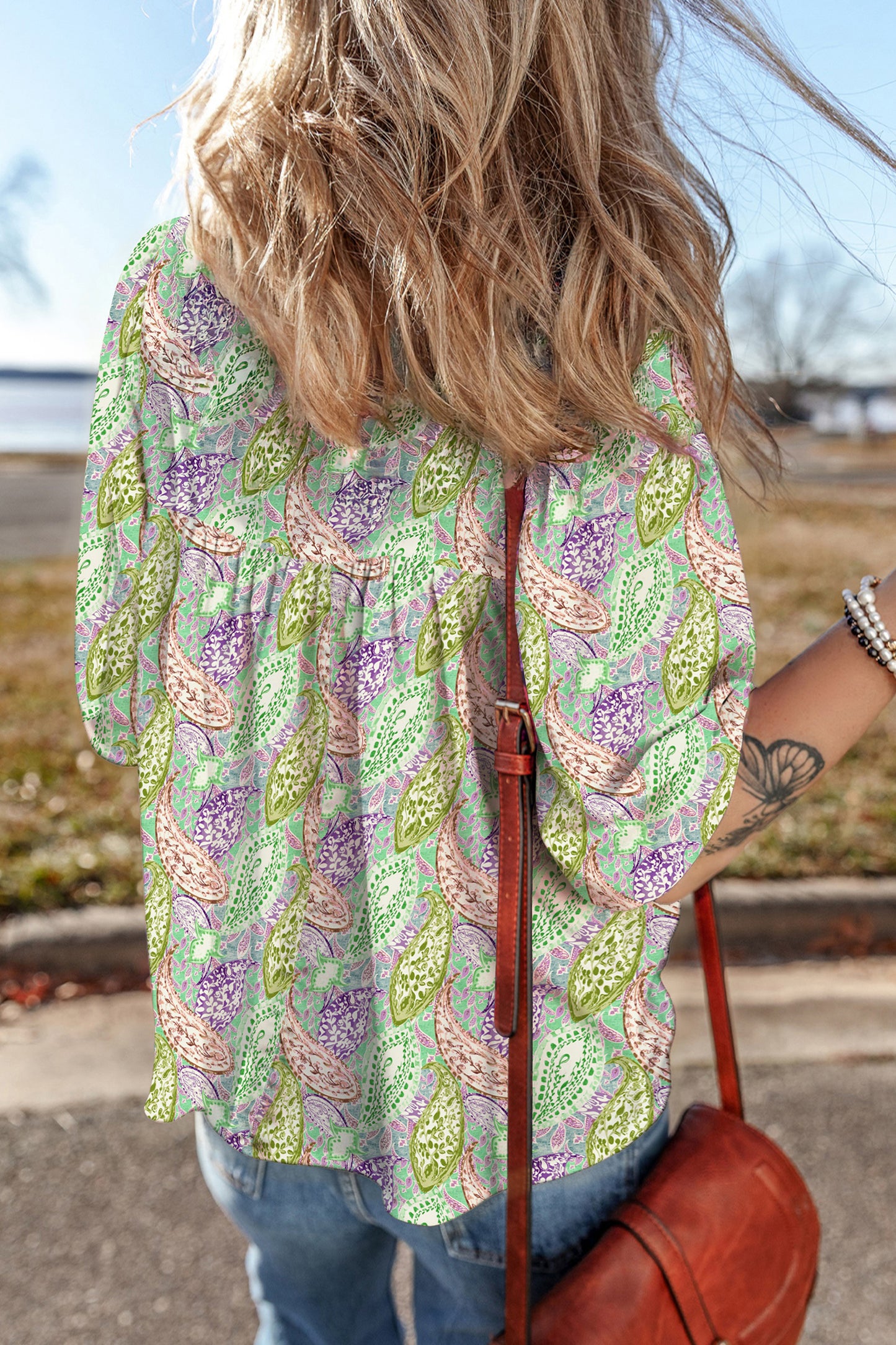 Green Boho Paisley Print Half Puff Sleeve Blouse-Tops/Blouses & Shirts-[Adult]-[Female]-2022 Online Blue Zone Planet