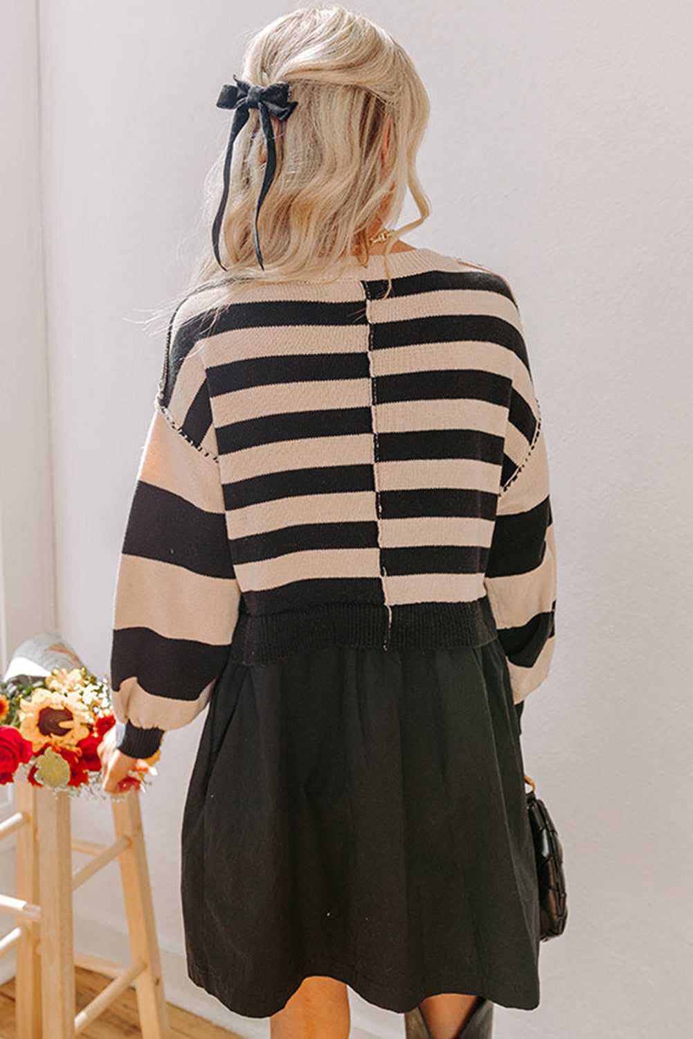 Black Stripe Two in One Knitted Top High Waist Splicing Hem Sweater Dress-TOPS / DRESSES-[Adult]-[Female]-2022 Online Blue Zone Planet