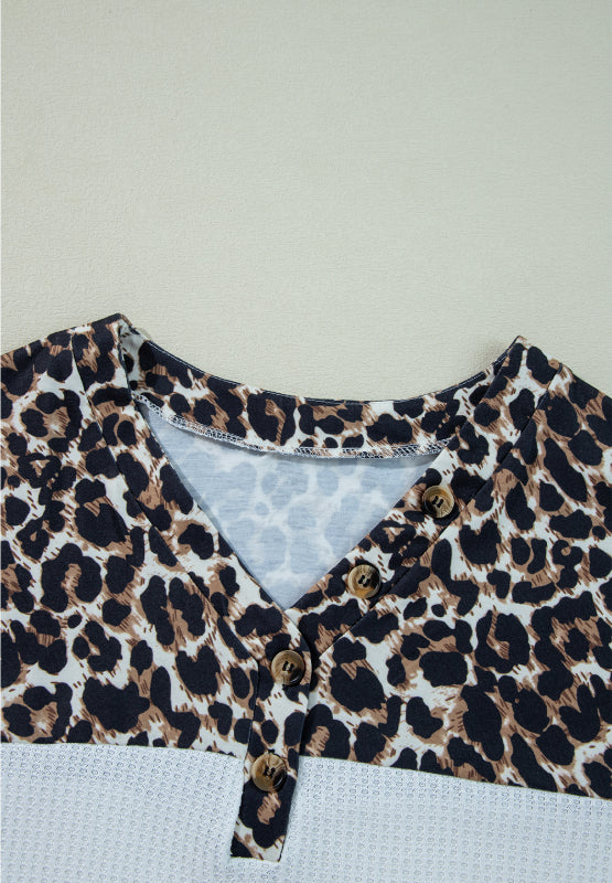 Waffle-Knit Leopard V-Neck Long Sleeve Blouse-TOPS / DRESSES-[Adult]-[Female]-2022 Online Blue Zone Planet