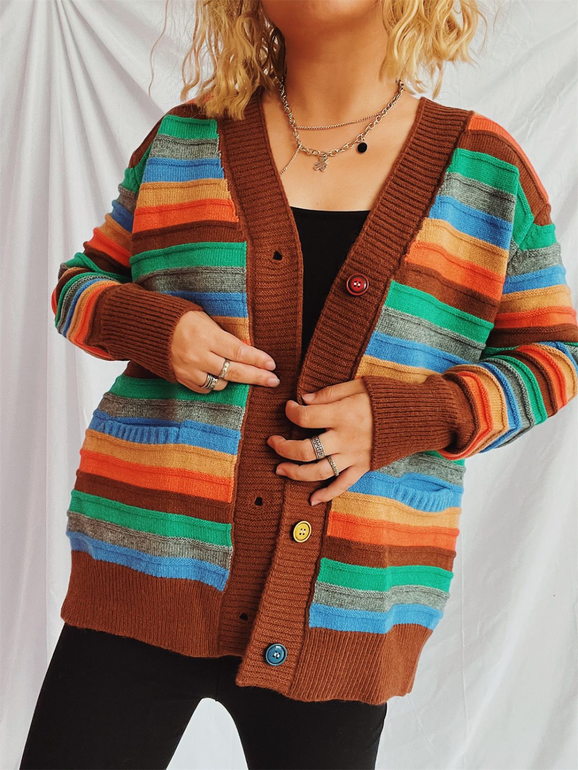 Contrast Stripes Button Up Long Sleeve Cardigan-TOPS / DRESSES-[Adult]-[Female]-2022 Online Blue Zone Planet