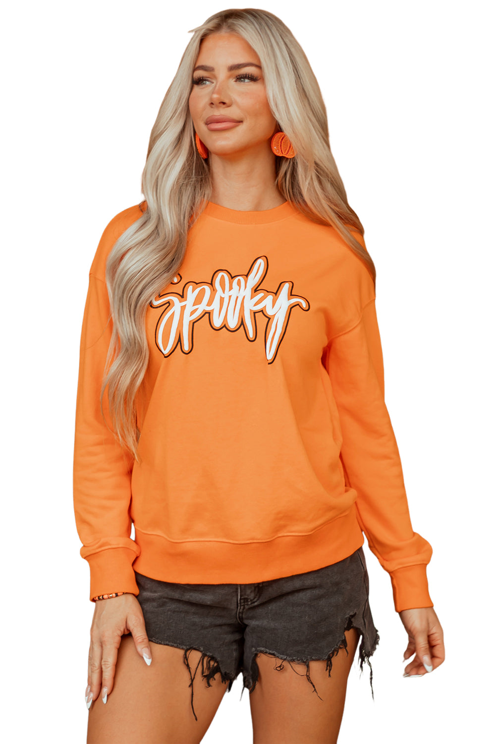 Grapefruit Orange Spooky Graphic Halloween Crew Neck Holiday Sweatshirt-Tops/Sweatshirts & Hoodies-[Adult]-[Female]-2022 Online Blue Zone Planet