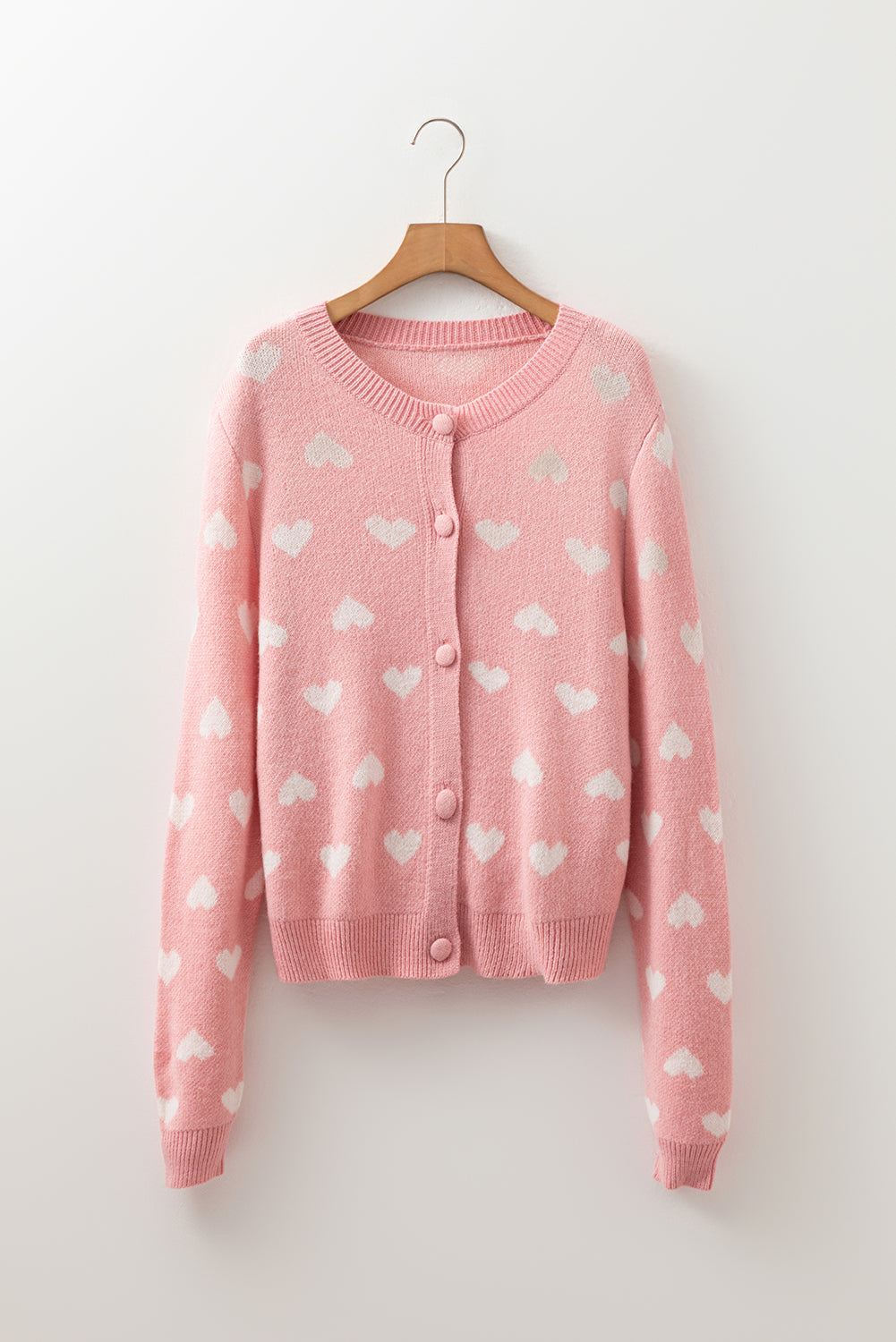 Light Pink Heart Pattern Button Front Cardigan Sweater-Cardigans-[Adult]-[Female]-2022 Online Blue Zone Planet