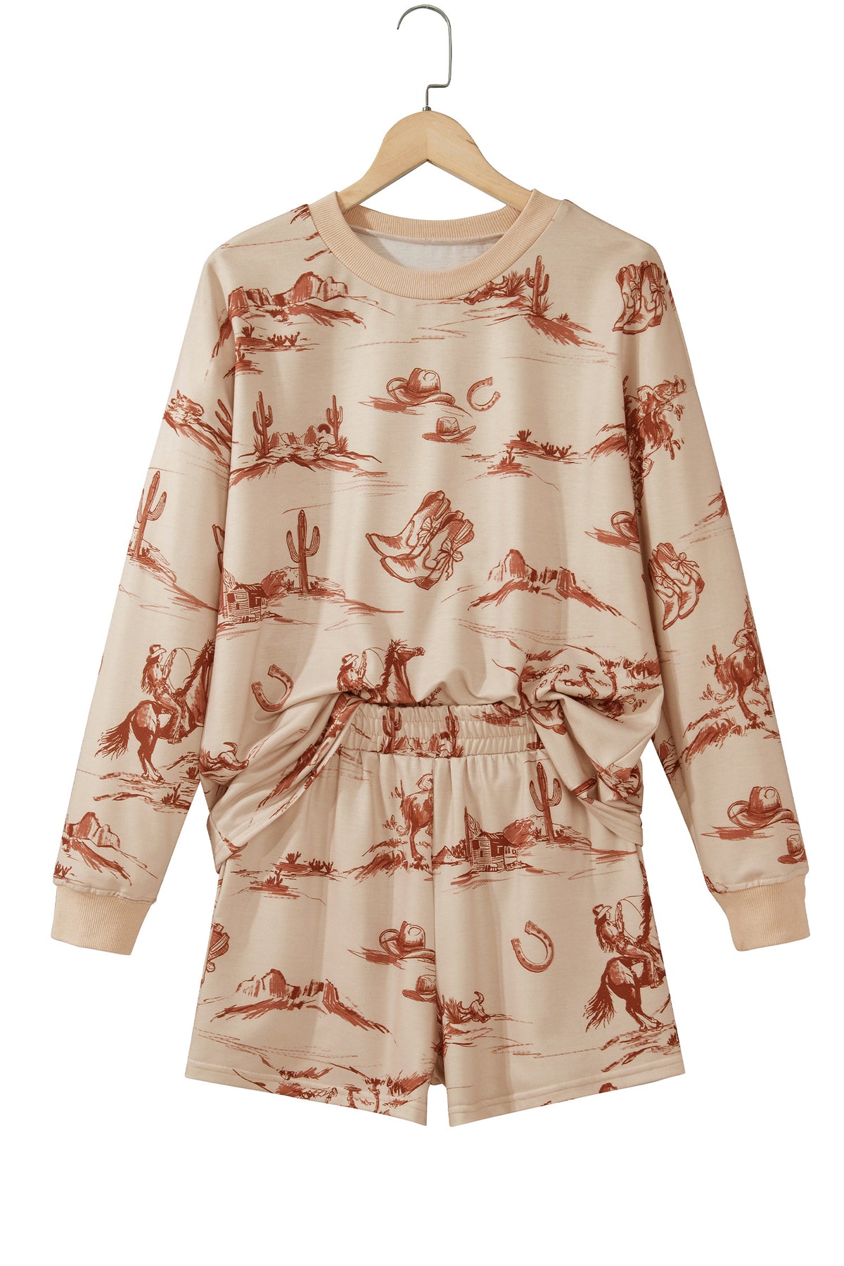 Beige Western Print Loose Fit Long Sleeve Top Short Set-Two Piece Sets/Short Sets-[Adult]-[Female]-2022 Online Blue Zone Planet