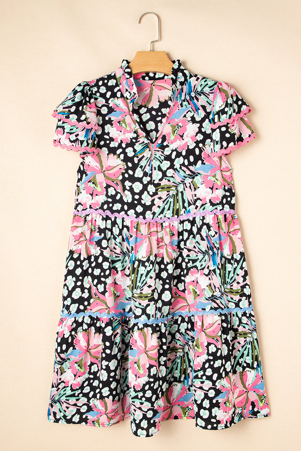 Blue Zone Planet | Pink Floral Ricrac Embellished Tiered Mini Dress-TOPS / DRESSES-[Adult]-[Female]-2022 Online Blue Zone Planet