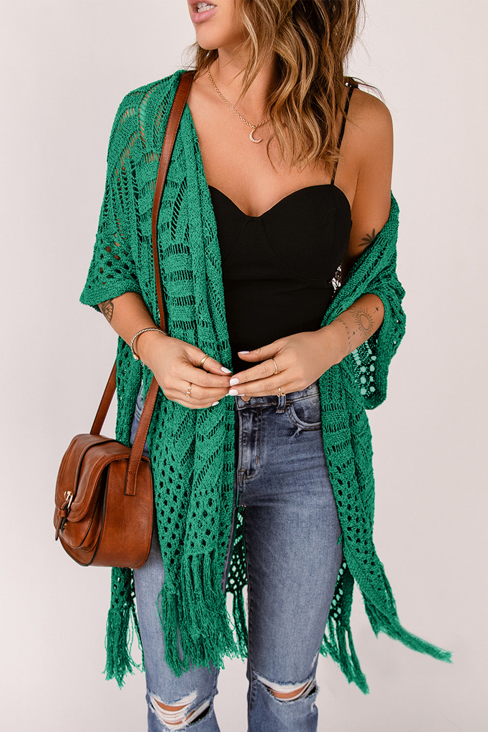 Blue Zone Planet | Openwork Open Front Cardigan with Fringes-TOPS / DRESSES-[Adult]-[Female]-Dark Green-One Size-2022 Online Blue Zone Planet