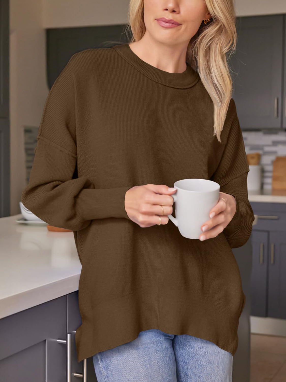 Blue Zone Planet | Slit Round Neck Dropped Shoulder Sweater-TOPS / DRESSES-[Adult]-[Female]-Dark Brown-S-2022 Online Blue Zone Planet