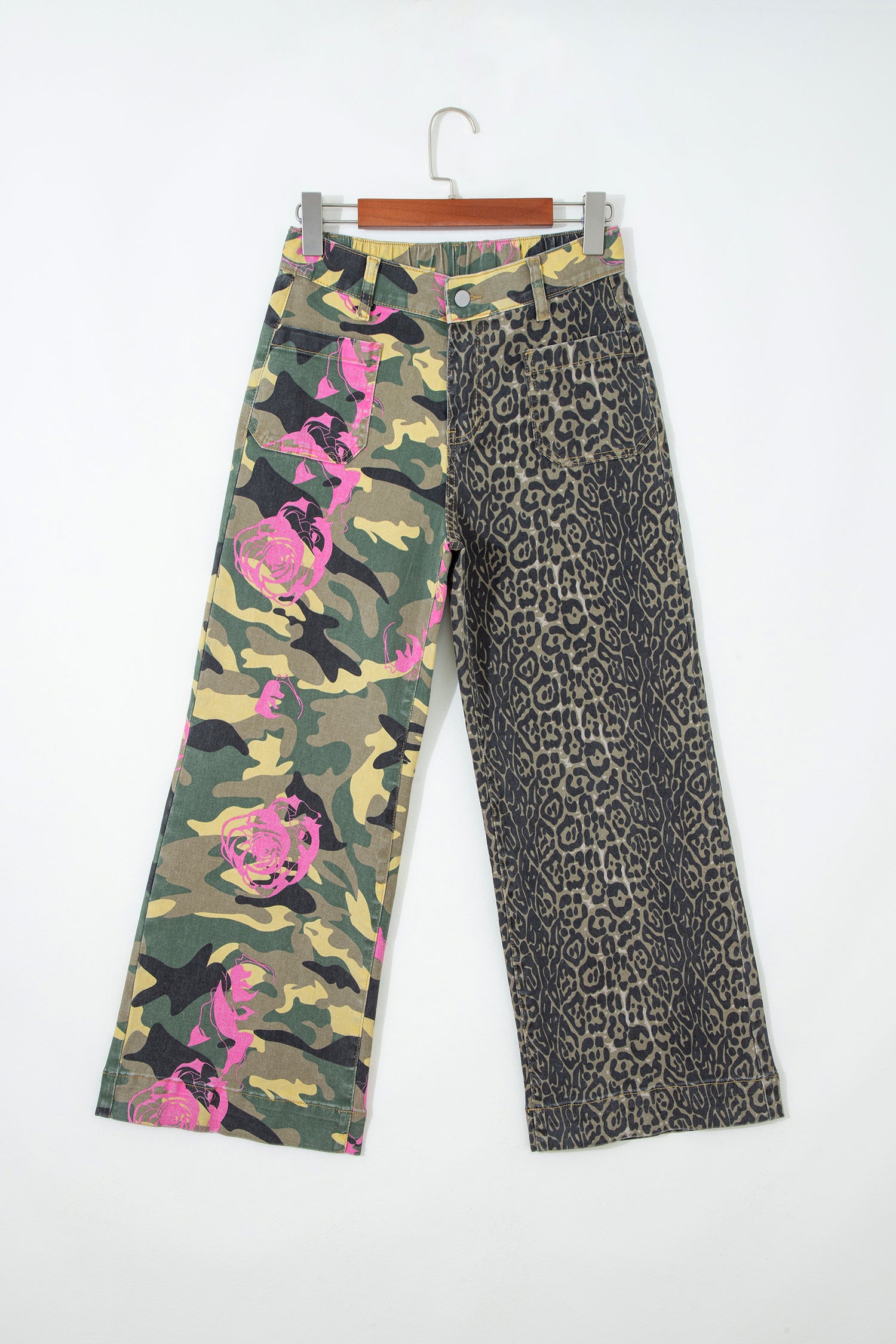 Multicolour Abstract Camouflage Print Contrast Leopard Patchwork Straight Leg Jeans-Bottoms/Jeans-[Adult]-[Female]-2022 Online Blue Zone Planet