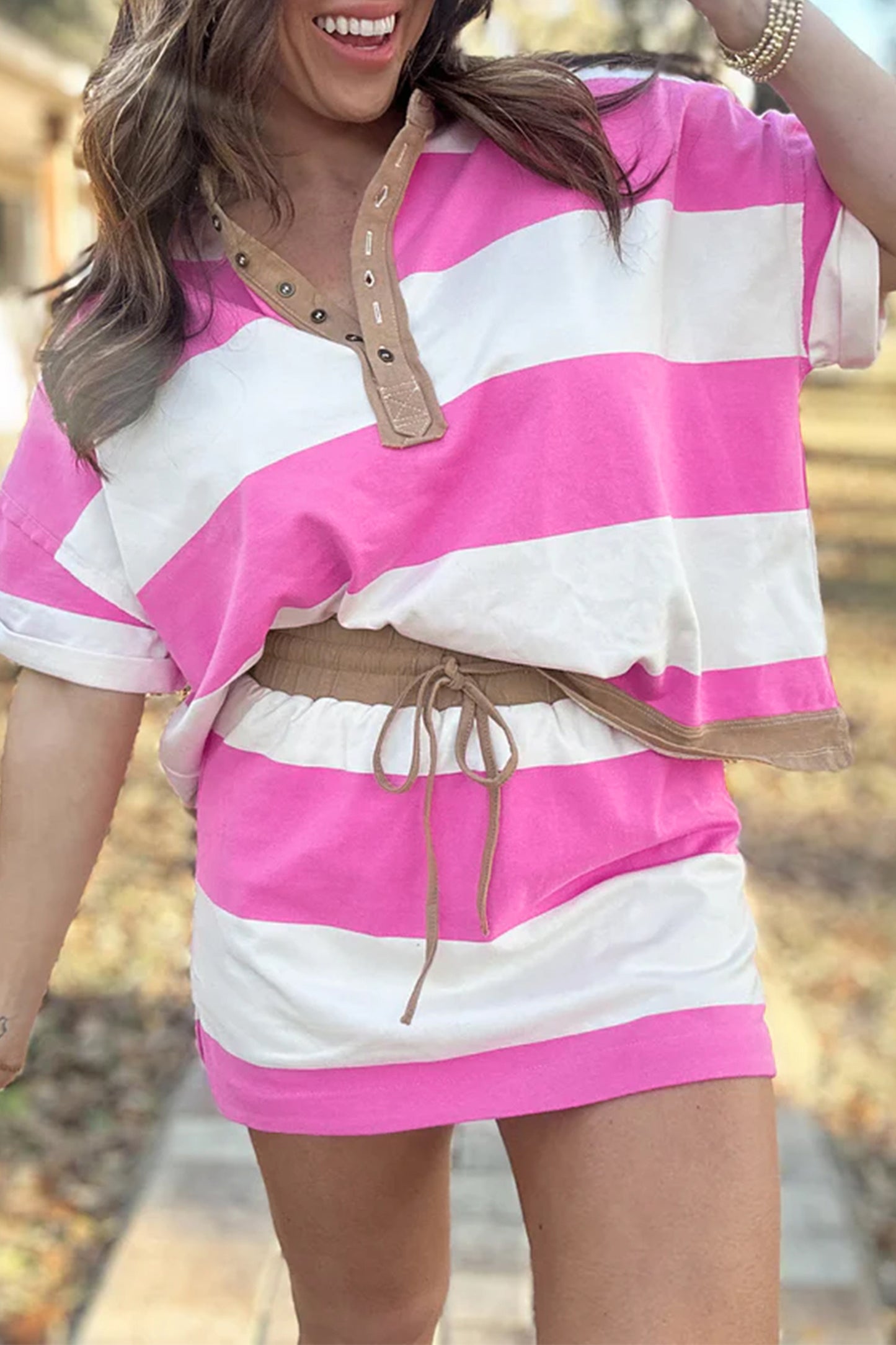 Rose Stripe Colorblock Trim Polo Tee Drawstring Mini Skirt 2pcs Set-Two Piece Sets/Two Piece Dresses-[Adult]-[Female]-2022 Online Blue Zone Planet