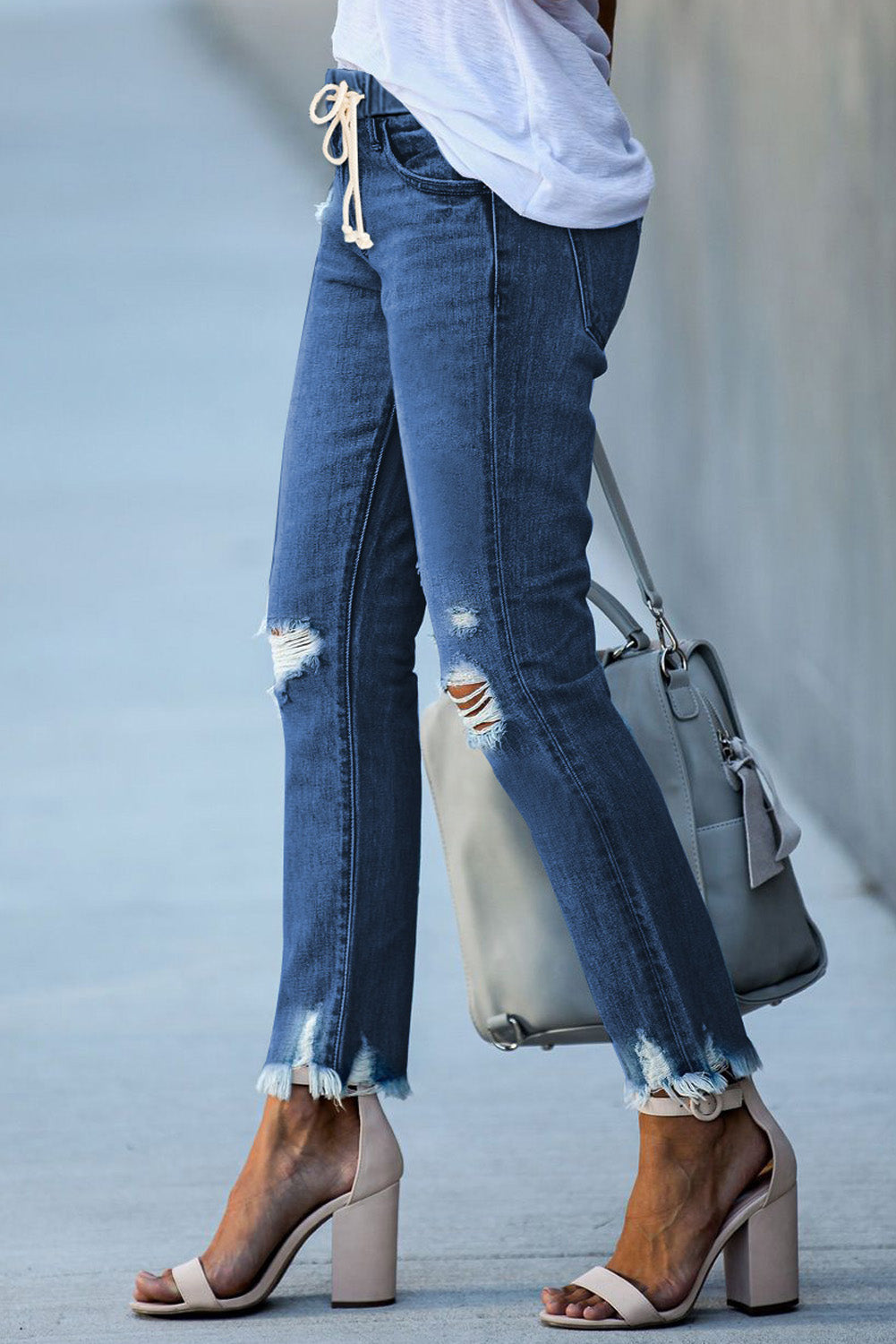 Dark Blue Elastic Waist Straight Leg Destroyed Raw Hem Jeans-Bottoms/Jeans-[Adult]-[Female]-2022 Online Blue Zone Planet