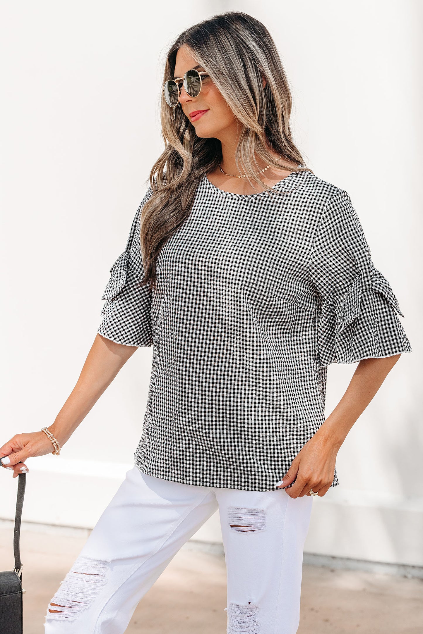 Black Plaid Bow Ruffled Half Sleeve Round Neck Blouse-Tops/Blouses & Shirts-[Adult]-[Female]-2022 Online Blue Zone Planet