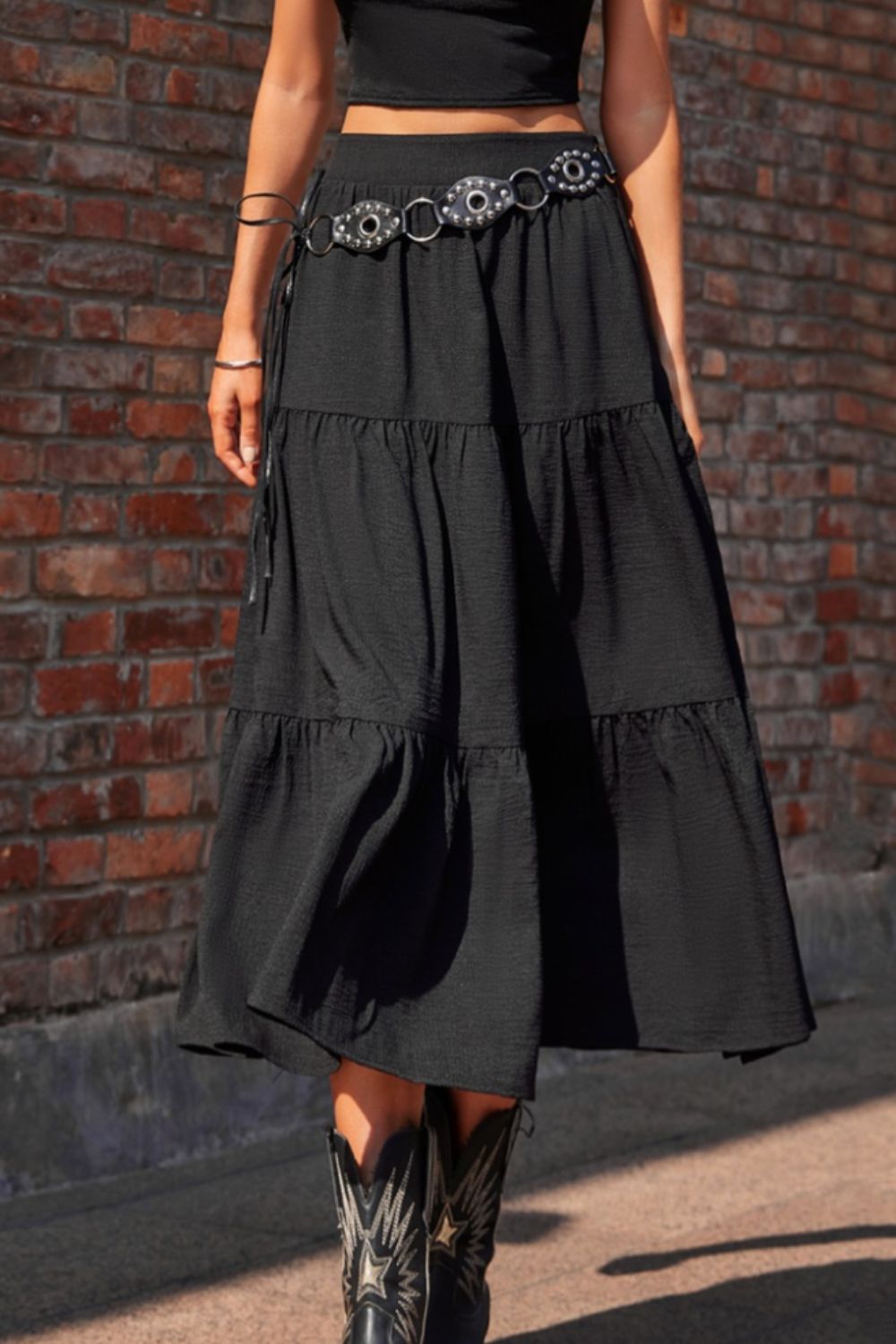 Elastic Waist Tiered Midi Skirt-BOTTOMS SIZES SMALL MEDIUM LARGETTOMS-[Adult]-[Female]-Black-S-2022 Online Blue Zone Planet