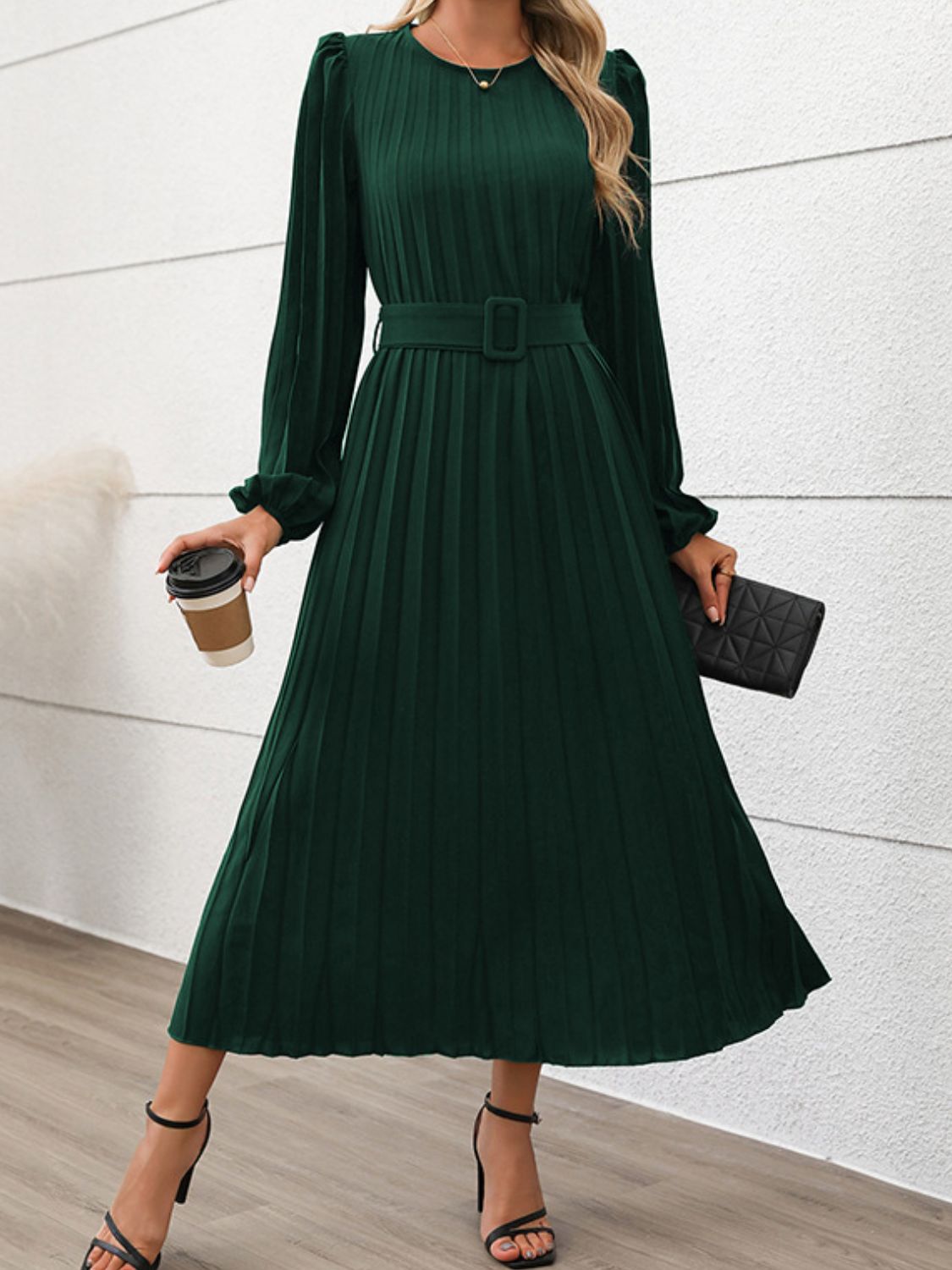 Perfee Pleated Round Neck Long Sleeve Midi Dress-TOPS / DRESSES-[Adult]-[Female]-2022 Online Blue Zone Planet