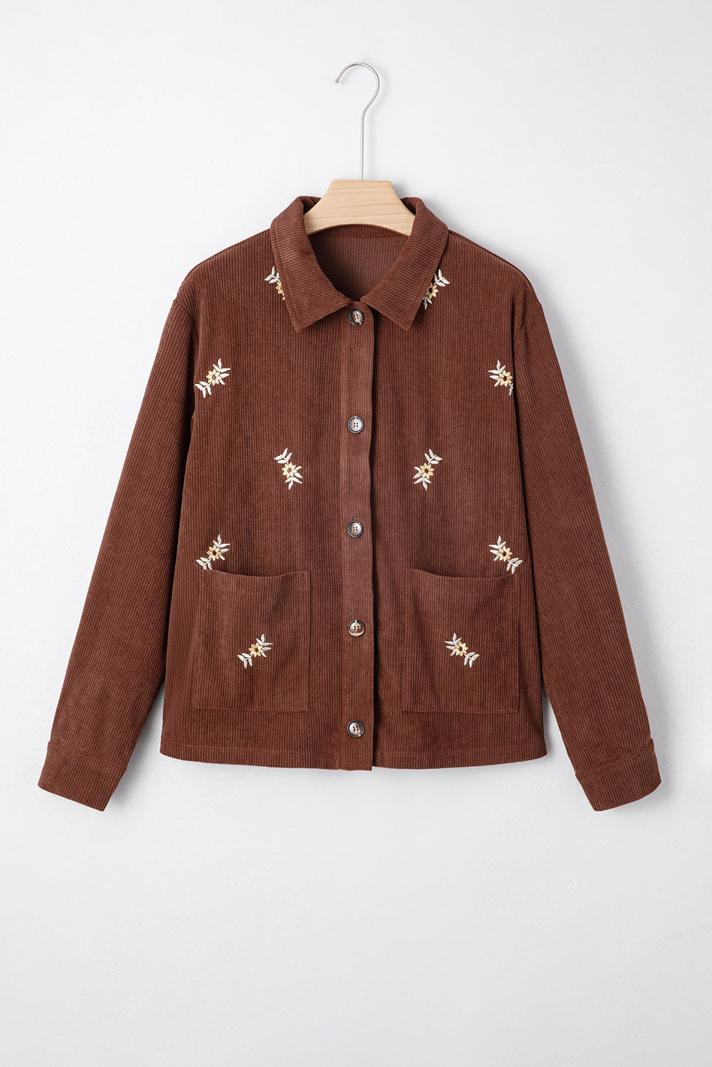 Coffee Floral Embroidered Collar Button Front Corduroy Jacket With Pocket-Outerwear/Jackets-[Adult]-[Female]-2022 Online Blue Zone Planet