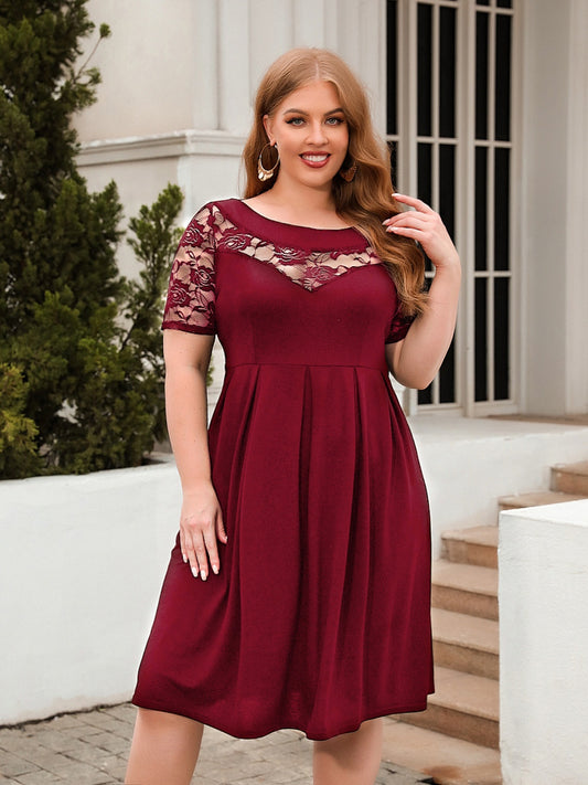 Plus Size Ruched Round Neck Short Sleeve Dress-TOPS / DRESSES-[Adult]-[Female]-Burgundy-1XL-2022 Online Blue Zone Planet