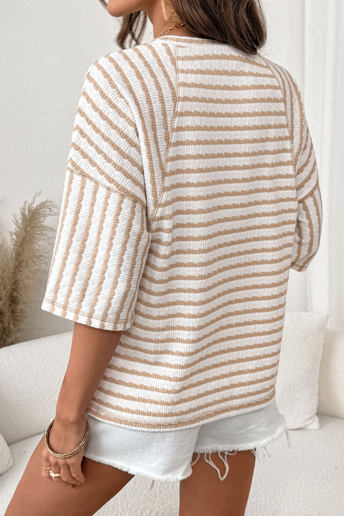 Apricot Stripe Textured Knit Split Hem Half Sleeve Loose Top-Tops/Tops & Tees-[Adult]-[Female]-2022 Online Blue Zone Planet