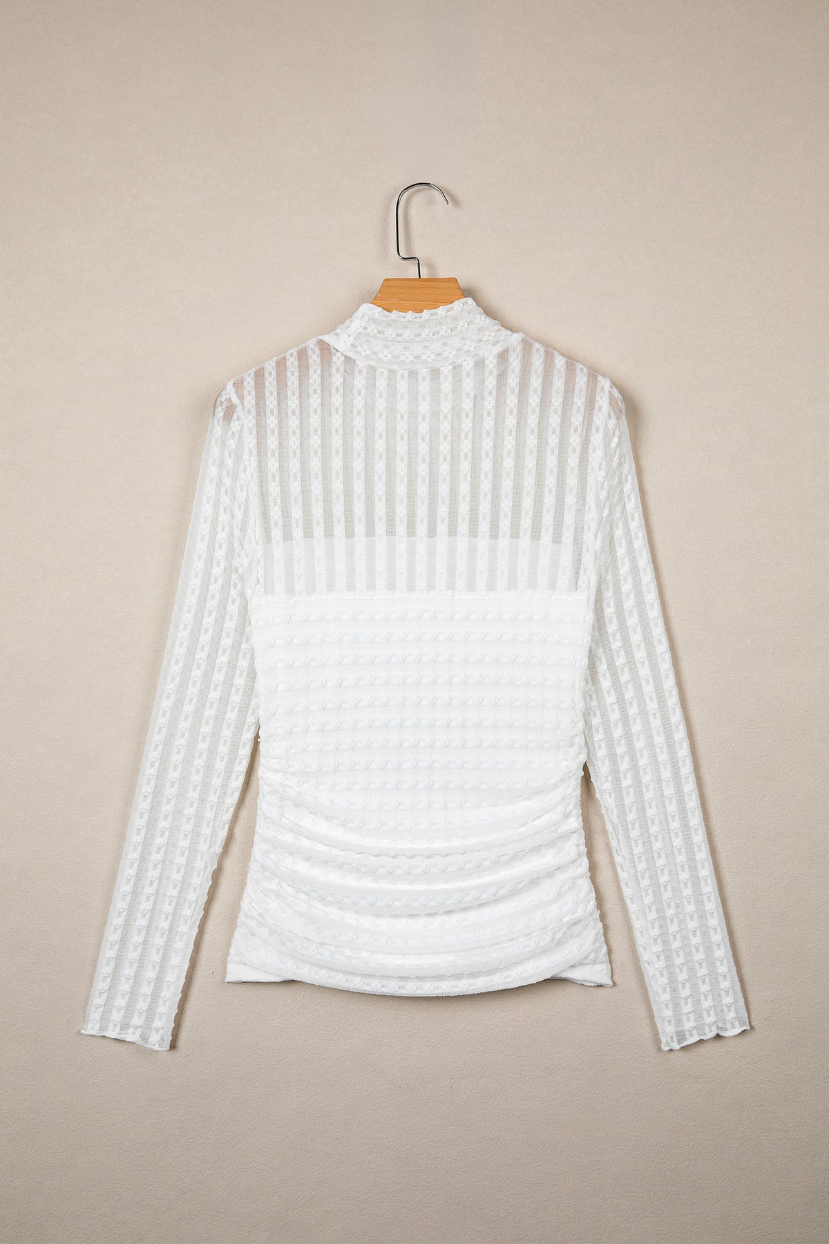 Beige Textured Sheer Lace High Neck Long Sleeve Top-Tops/Long Sleeve Tops-[Adult]-[Female]-2022 Online Blue Zone Planet