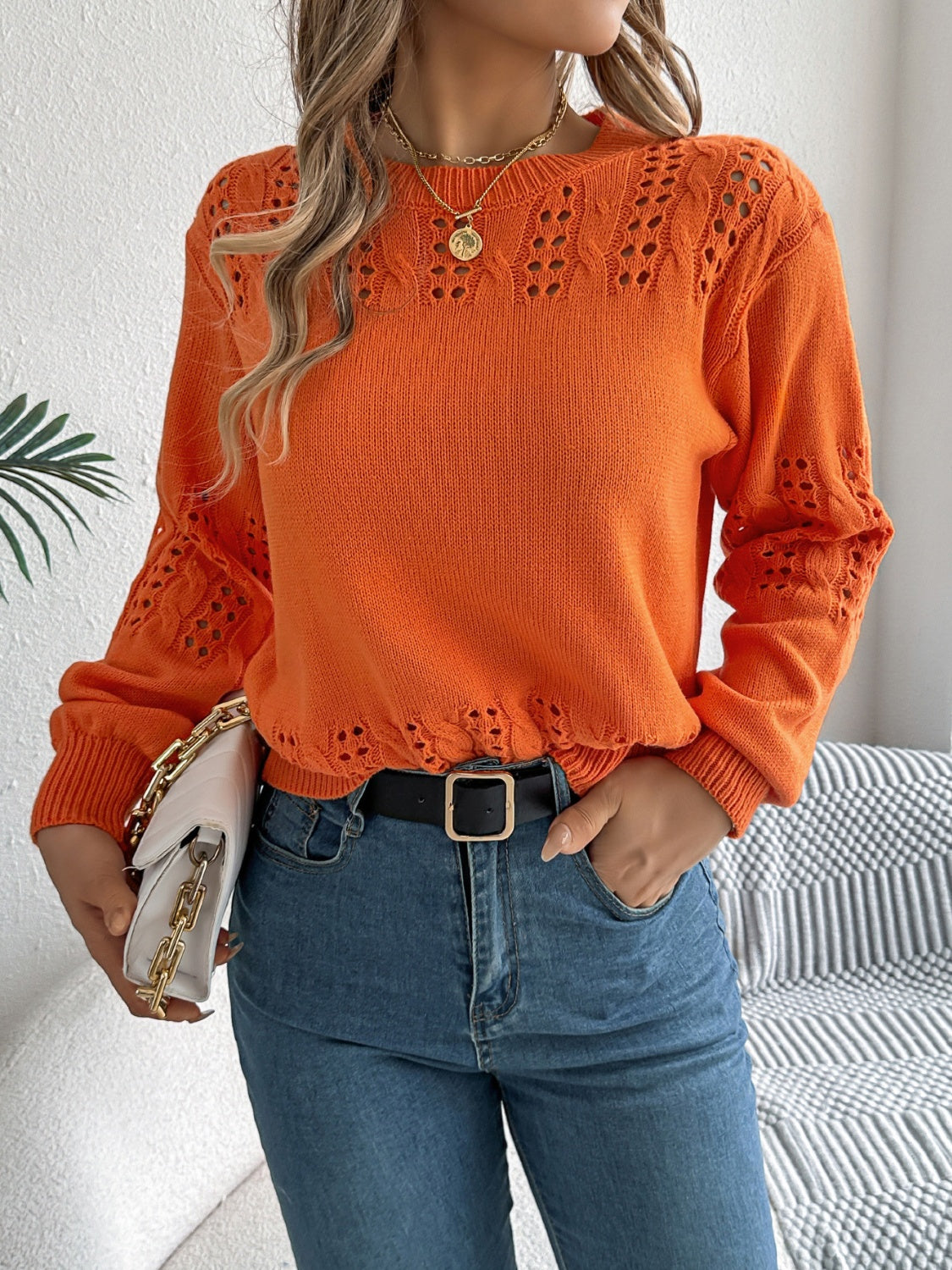 Openwork Round Neck Long Sleeve Sweater-TOPS / DRESSES-[Adult]-[Female]-Pumpkin-S-2022 Online Blue Zone Planet