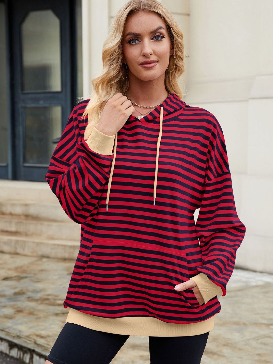 Drawstring Contrast Striped Long Sleeve Hoodie-TOPS / DRESSES-[Adult]-[Female]-Burgundy-S-2022 Online Blue Zone Planet