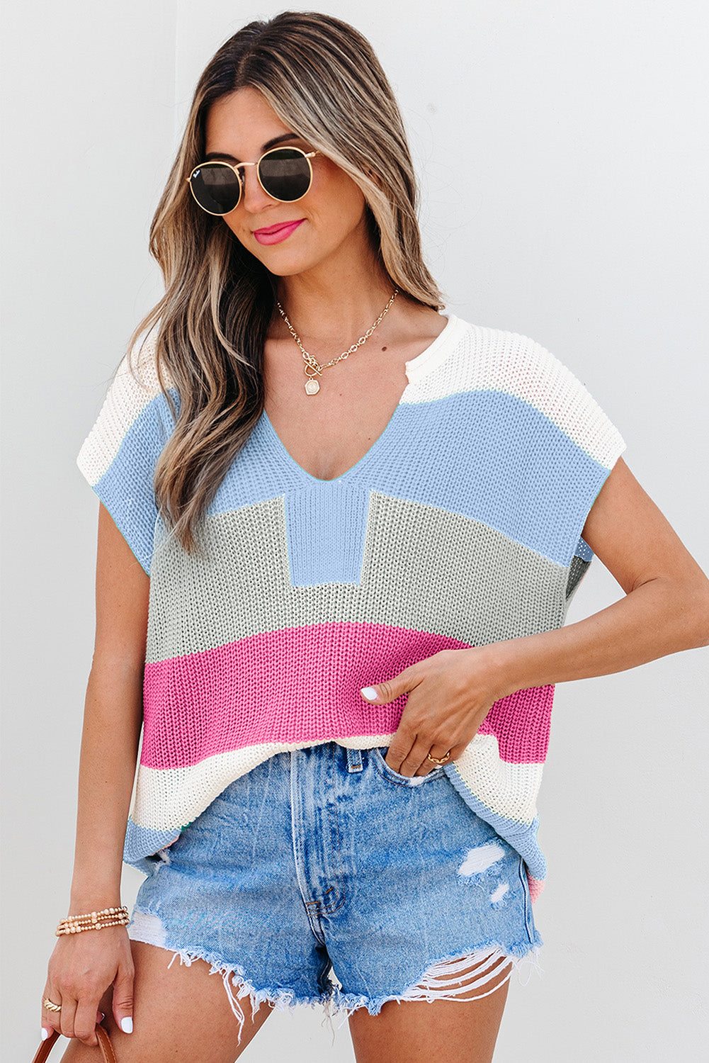 Light Blue Color Block Notch V Neck Sweater T Shirt-Sweaters & Cardigans/Short Sleeve Sweaters-[Adult]-[Female]-2022 Online Blue Zone Planet