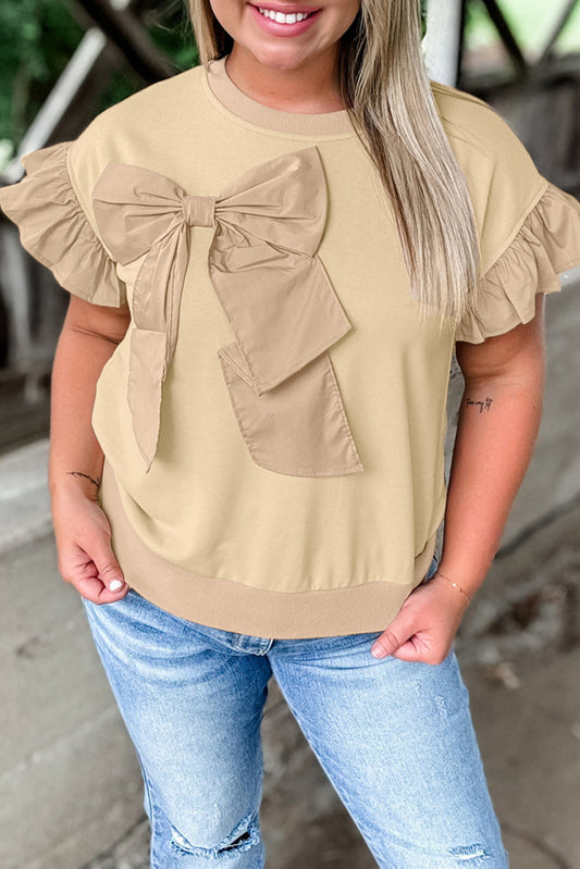 Parchment Ruffled Short Sleeve Bowknot Applique Crew Neck Plus Size Top-Plus Size/Plus Size Tops/Plus Size Blouses & Shirts-[Adult]-[Female]-Parchment-1X-2022 Online Blue Zone Planet