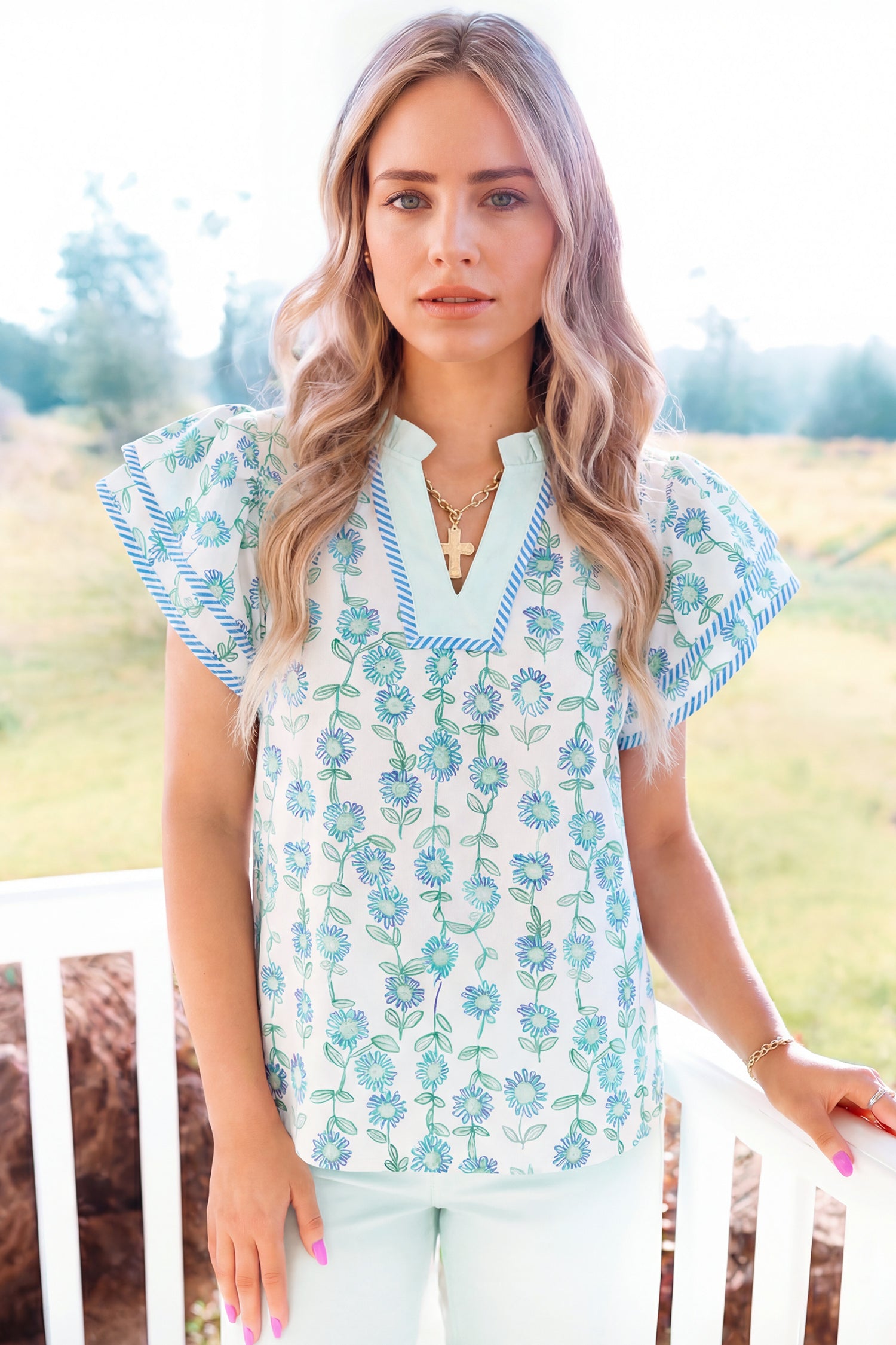 Green Floral Print Striped Detail Contrast V Neck Patchwork Flutter Sleeve Blouse-Tops/Blouses & Shirts-[Adult]-[Female]-2022 Online Blue Zone Planet