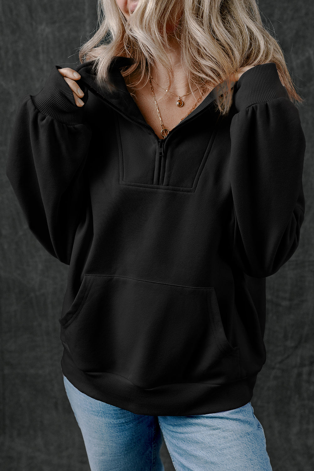 Light Grey Zip-up Stand Neck Kangaroo Pocket Sweatshirt-Tops/Sweatshirts & Hoodies-[Adult]-[Female]-Black-S-2022 Online Blue Zone Planet