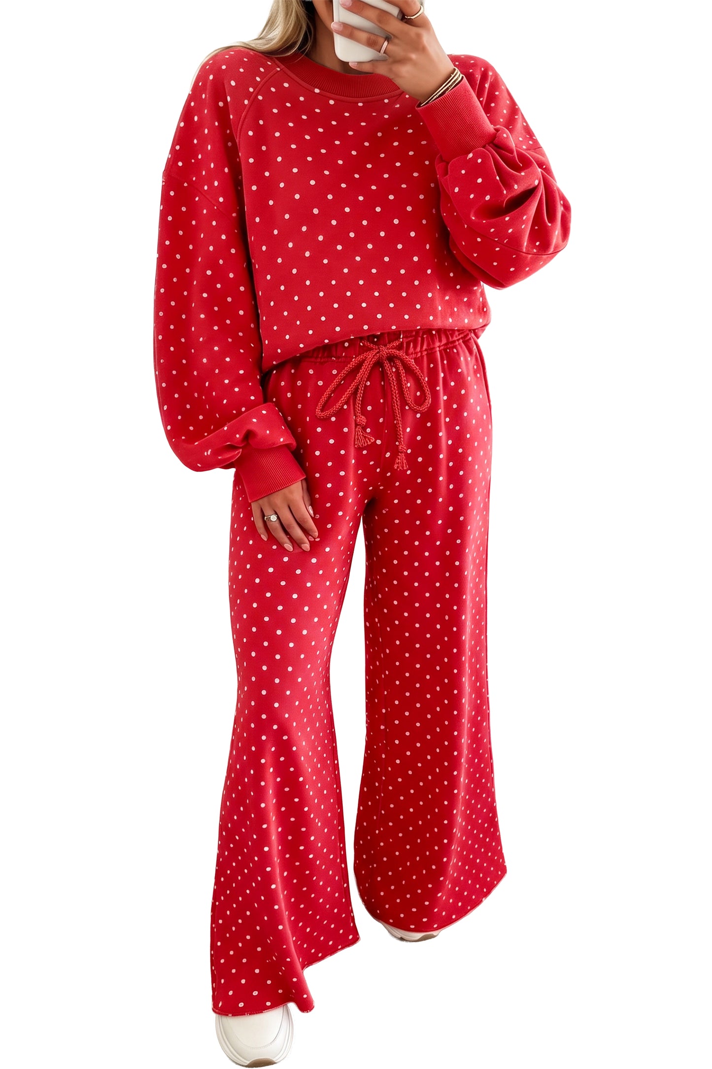 Brown Polka Dot Drawstring Wide Leg Long Sleeve Top Pant Set-Two Piece Sets/Pant Sets-[Adult]-[Female]-2022 Online Blue Zone Planet