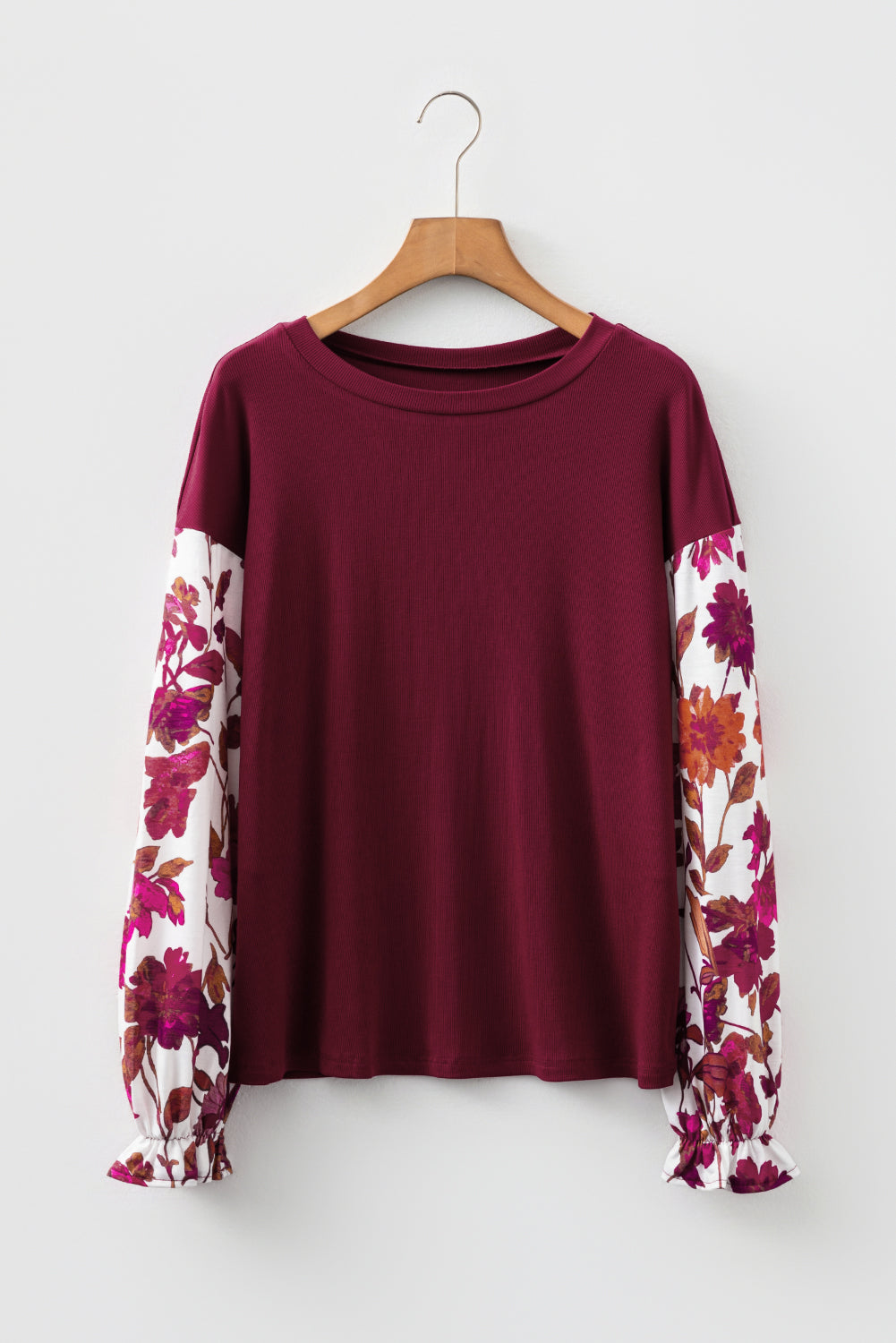 Wild Ginger Contrast Floral Sleeve Solid Ribbed Body Patchwork Long Sleeve Top-Tops/Long Sleeve Tops-[Adult]-[Female]-2022 Online Blue Zone Planet