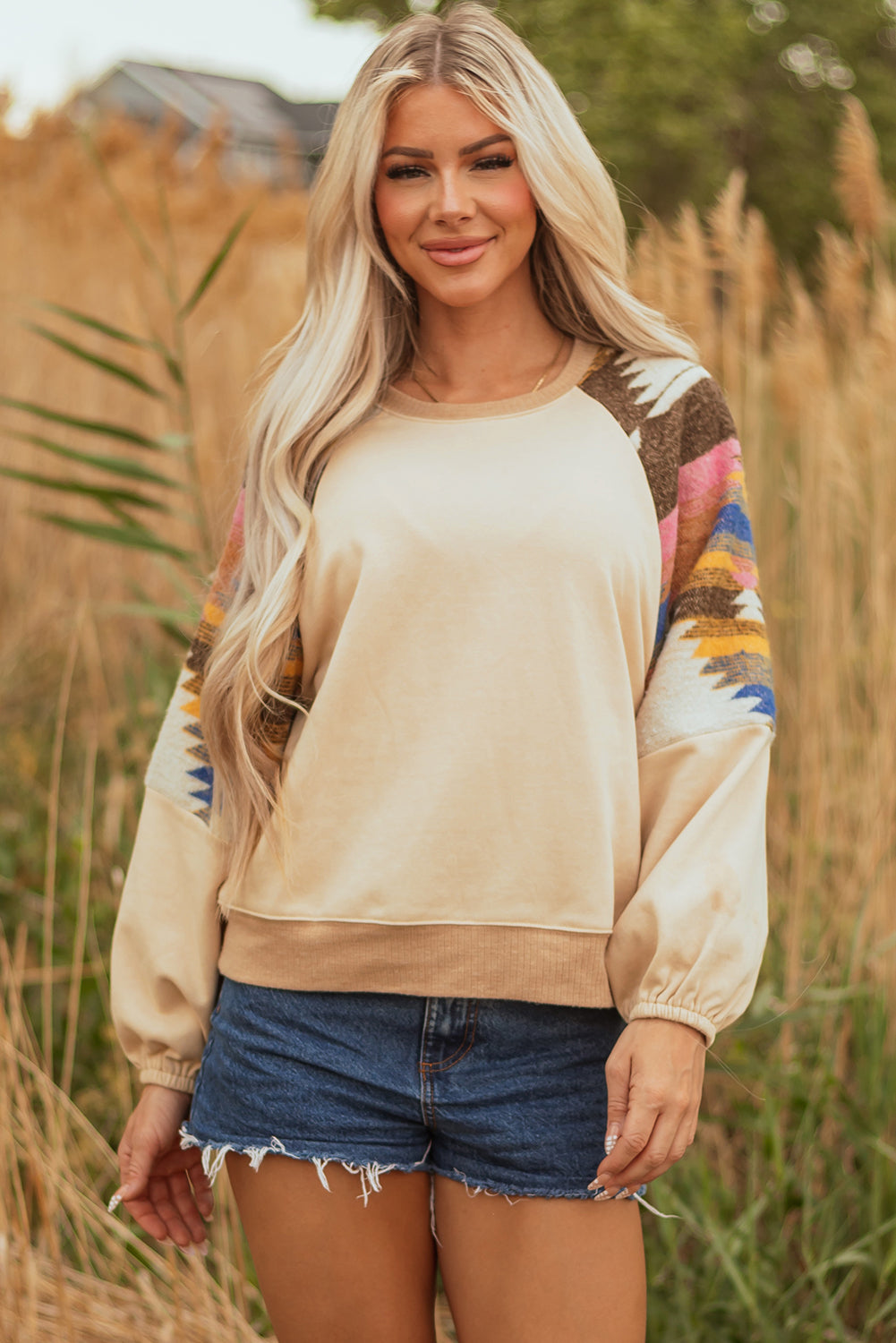 Light French Beige Aztec Patchwork Raglan Pullover Sweatshirt-Tops/Sweatshirts & Hoodies-[Adult]-[Female]-2022 Online Blue Zone Planet