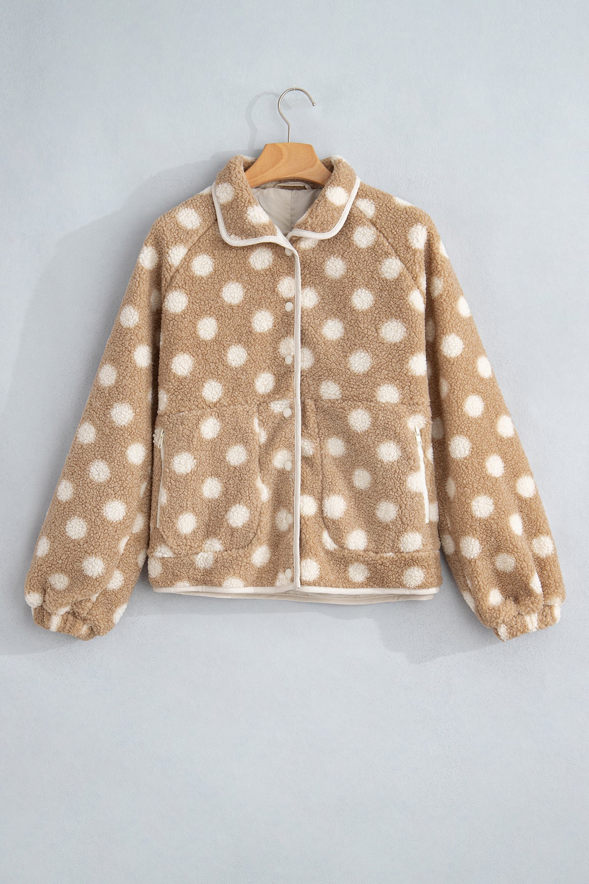 Khaki Polka Dot Faux Fur Metal Button Placket Shift Silhouette Jacket