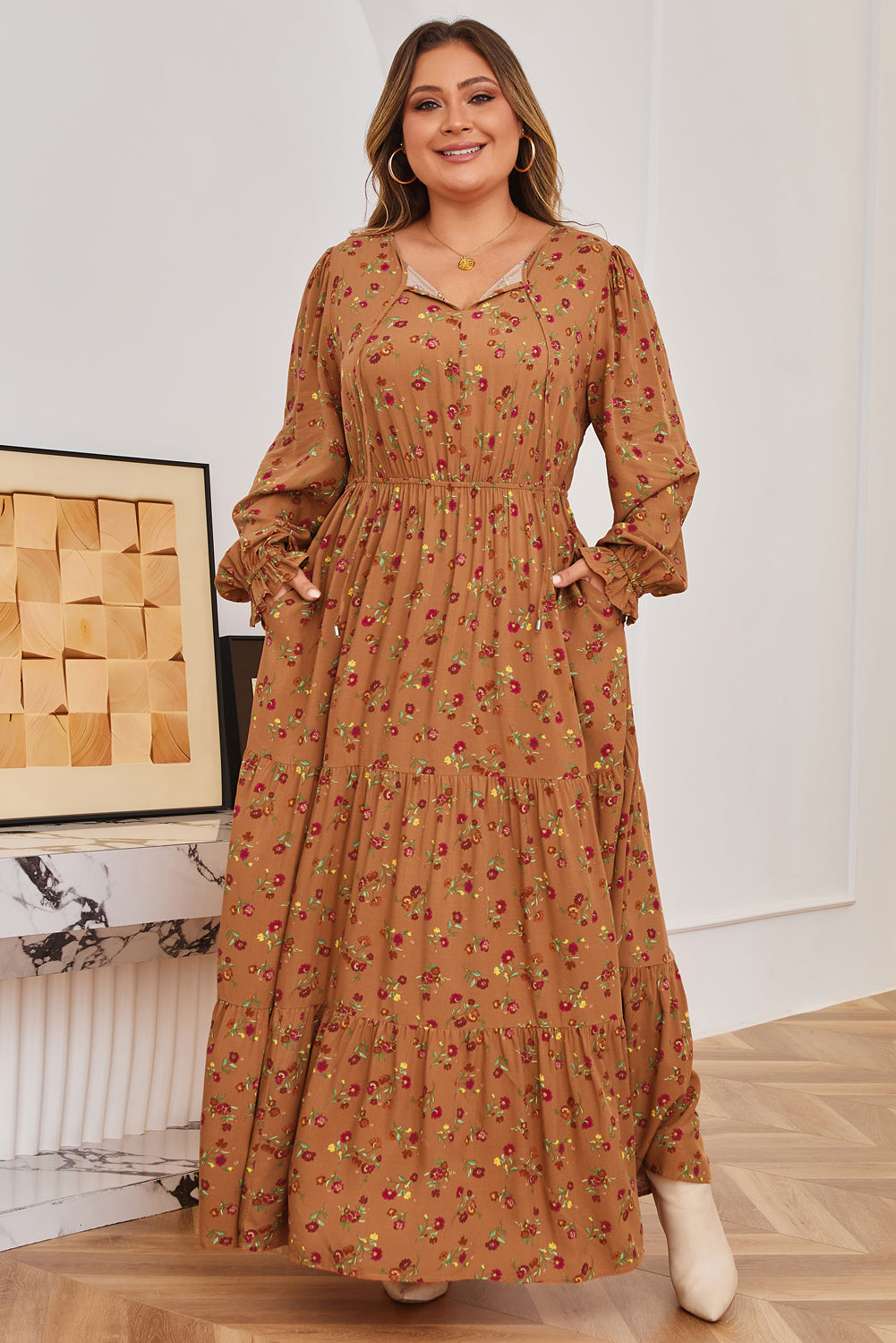 Brown Plus Size Floral Split V Neck Ruffled Sleeve Tiered Maxi Dress-TOPS / DRESSES-[Adult]-[Female]-2022 Online Blue Zone Planet