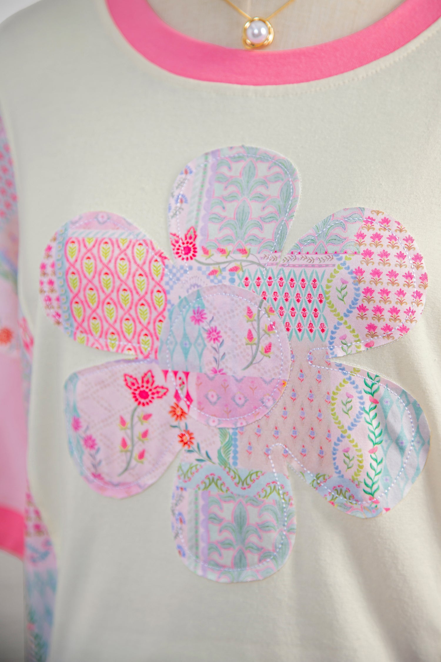 Beige Color Block Floral Patchwork Big Flower Accent Relaxed Top-Tops/Tops & Tees-[Adult]-[Female]-2022 Online Blue Zone Planet