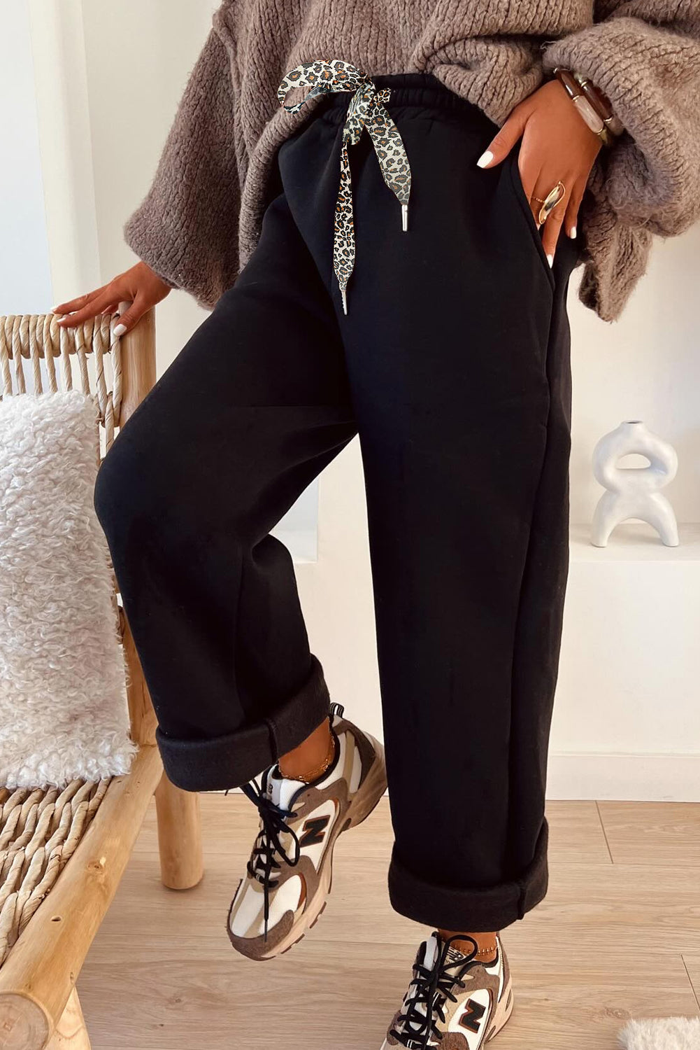 Coffee Fleece Lined Leopard Drawstring Elastic Waist Solid Pants-Bottoms/Pants & Culotte-[Adult]-[Female]-Black-S-2022 Online Blue Zone Planet