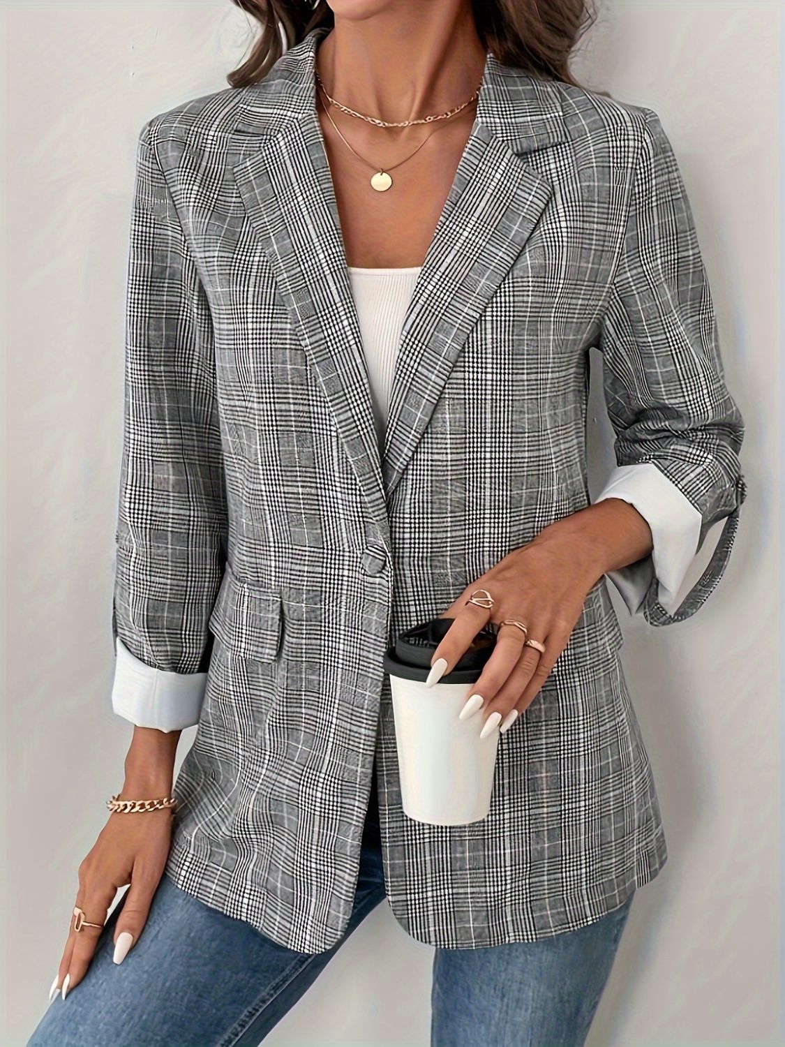 Blue Zone Planet | Single-Breasted Lapel Collar Plaid Blazer-TOPS / DRESSES-[Adult]-[Female]-2022 Online Blue Zone Planet