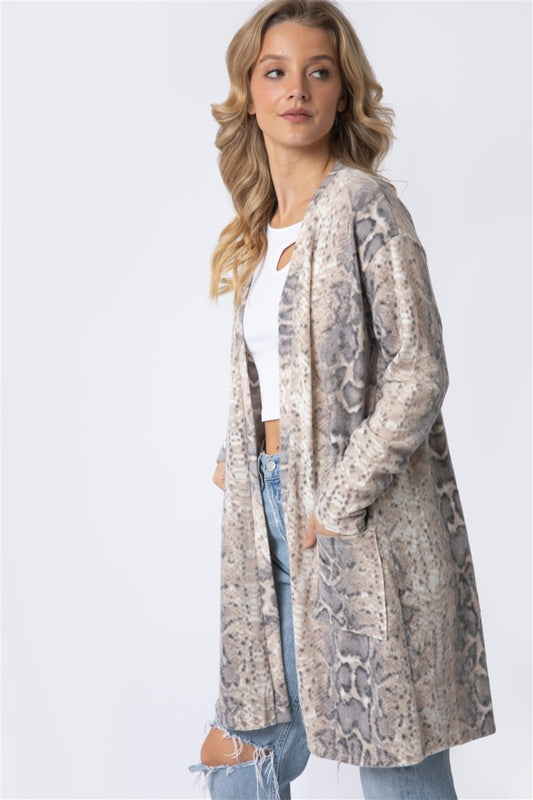 Blue Zone Planet | Cherish Apparel Animal Print Flannel Open Front Longline Cardigan-TOPS / DRESSES-[Adult]-[Female]-Taupe-S-2022 Online Blue Zone Planet