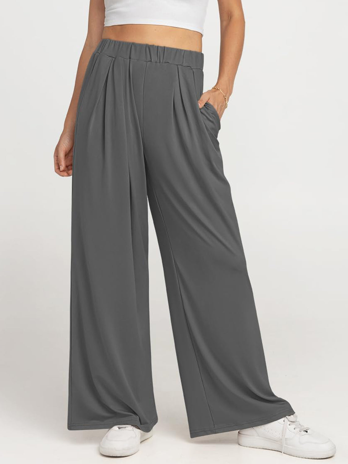 Elastic Waist Wide Leg Pants-BOTTOMS SIZES SMALL MEDIUM LARGE-[Adult]-[Female]-Gray-XS-2022 Online Blue Zone Planet