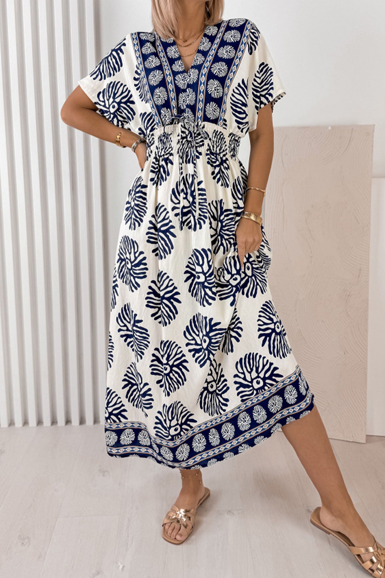 Blue Boho Floral Print Contrast Patchwork V Neck Dolman Maxi Dress-TOPS / DRESSES-[Adult]-[Female]-2022 Online Blue Zone Planet