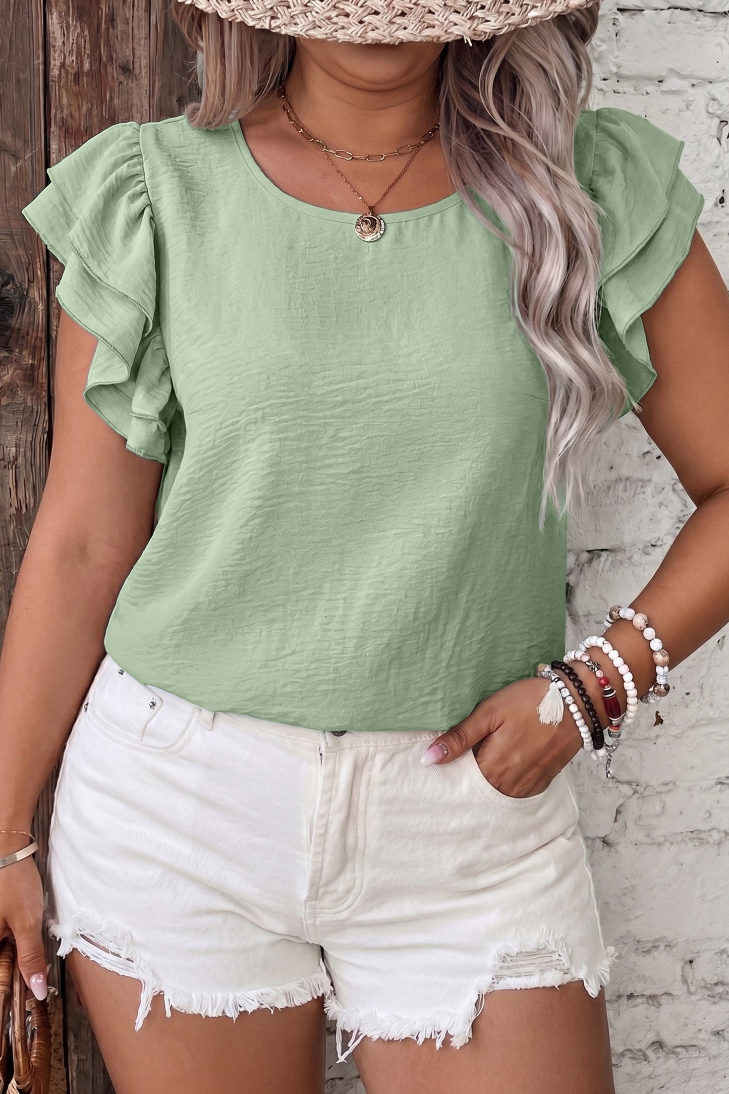 Clearly Aqua Plus Size Crew Neck Ruffle Sleeve Top-Plus Size/Plus Size Tops/Plus Size Tops & Tees-[Adult]-[Female]-Clearly Aqua-1X-2022 Online Blue Zone Planet