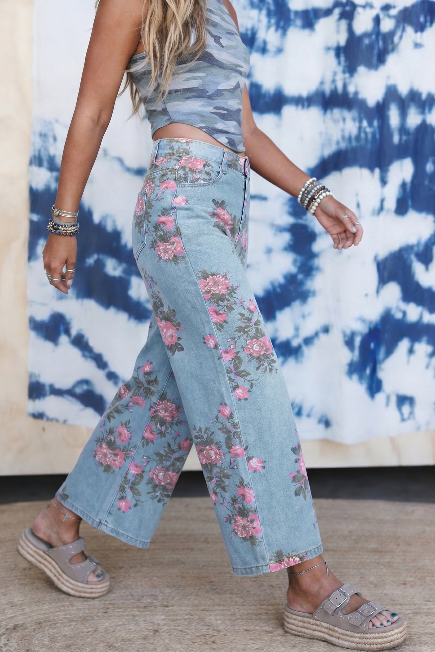 Sky Blue Garden Floral Print Bootcut Jeans-Bottoms/Jeans-[Adult]-[Female]-2022 Online Blue Zone Planet