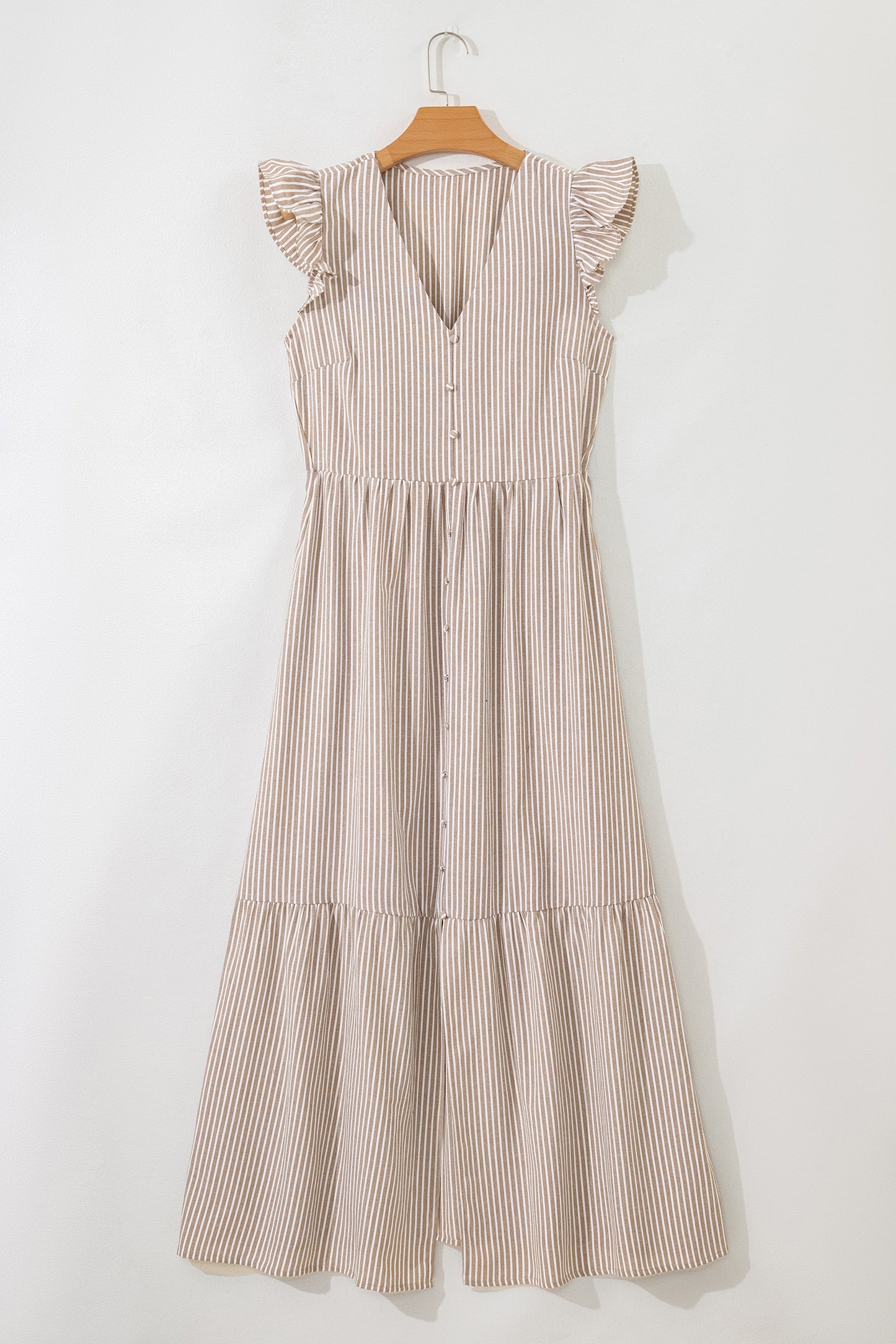 Khaki Stripe Flutter Sleeve Buttoned Front Slit Maxi Dress-TOPS / DRESSES-[Adult]-[Female]-2022 Online Blue Zone Planet