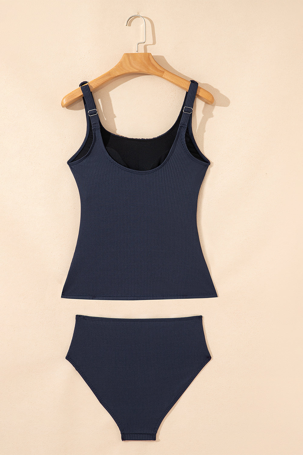 Navy Blue Ruched U Neck Ribbed Tankini-Swimwear/Tankinis-[Adult]-[Female]-2022 Online Blue Zone Planet