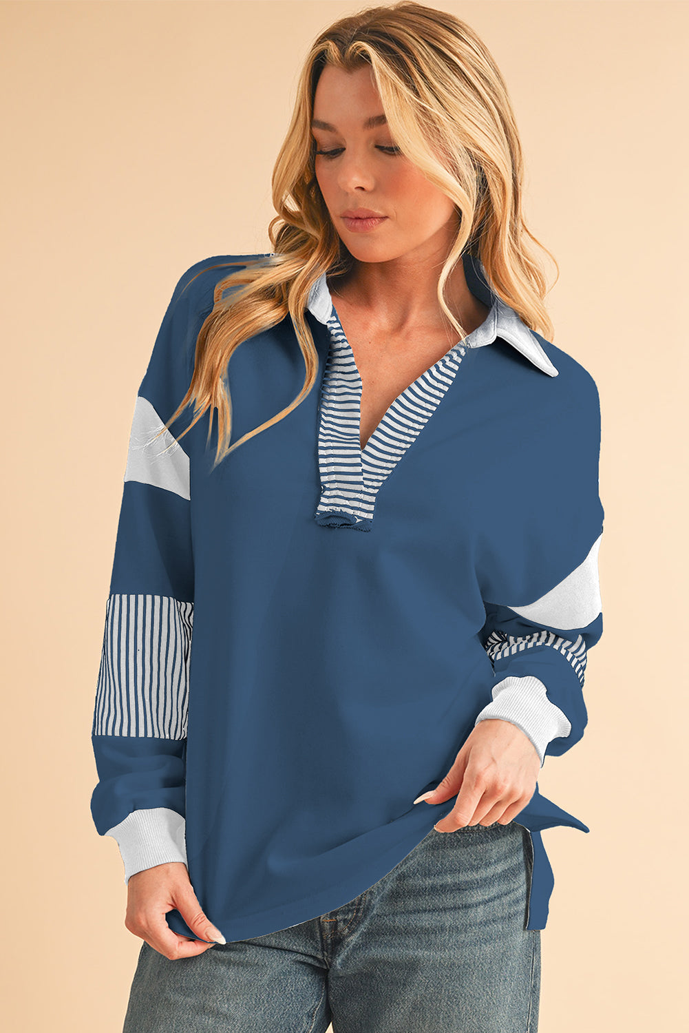 Sail Blue Striped Patchwork Collar Sweatshirt-Sweatshirts & Hoodies-[Adult]-[Female]-Sail Blue-S-2022 Online Blue Zone Planet