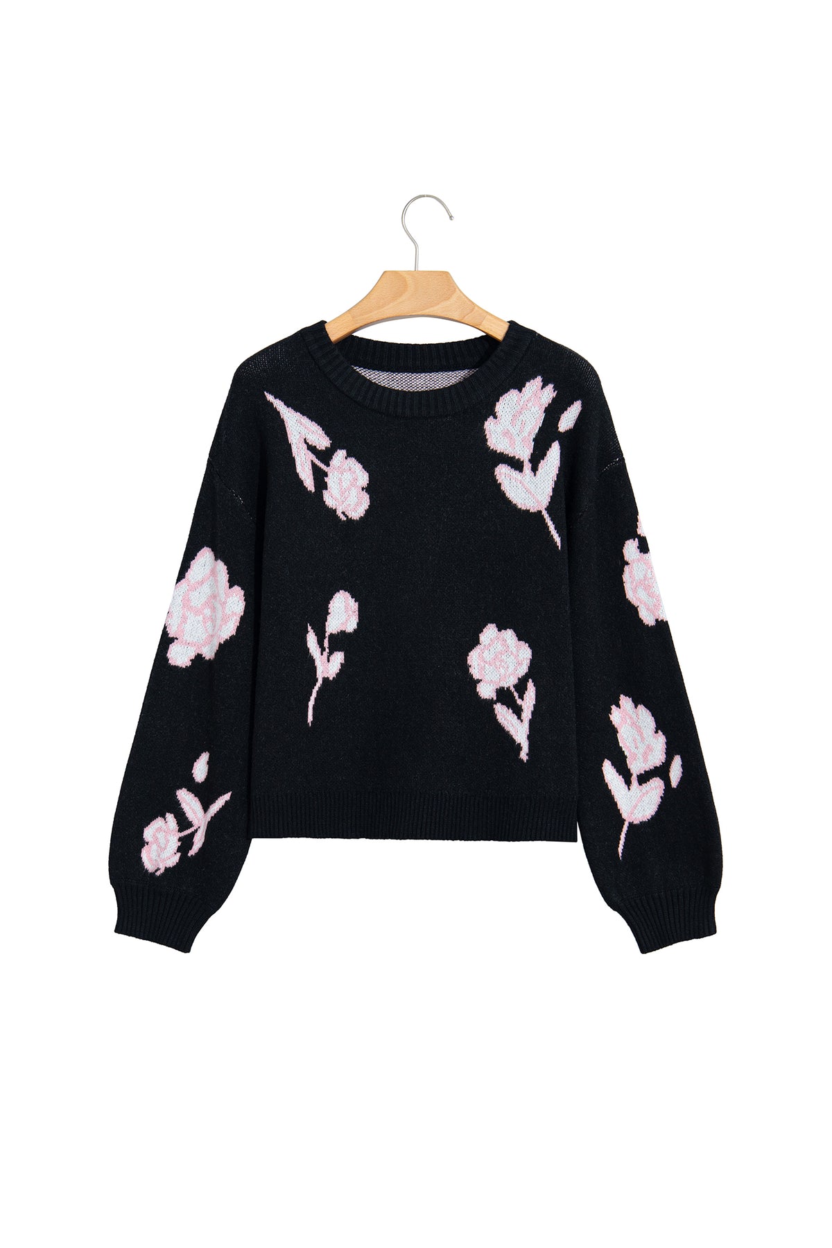 Black Floral Pattern Puff Sleeve Dropped Shoulder Pullover Sweater-Sweaters & Cardigans/Sweaters-[Adult]-[Female]-2022 Online Blue Zone Planet