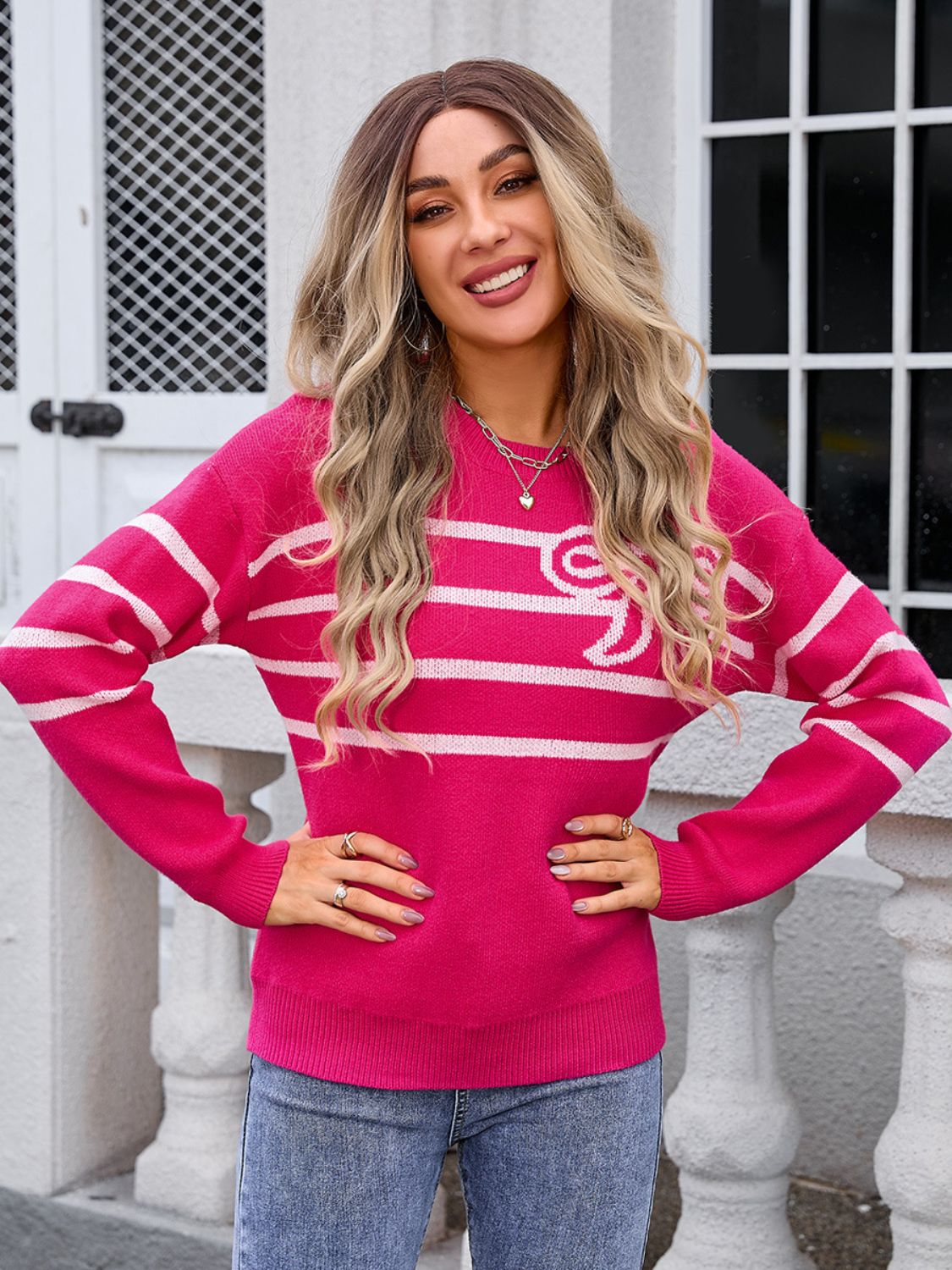 Blue Zone Planet | Striped Round Neck Long Sleeve Sweater-TOPS / DRESSES-[Adult]-[Female]-Deep Rose-S-2022 Online Blue Zone Planet