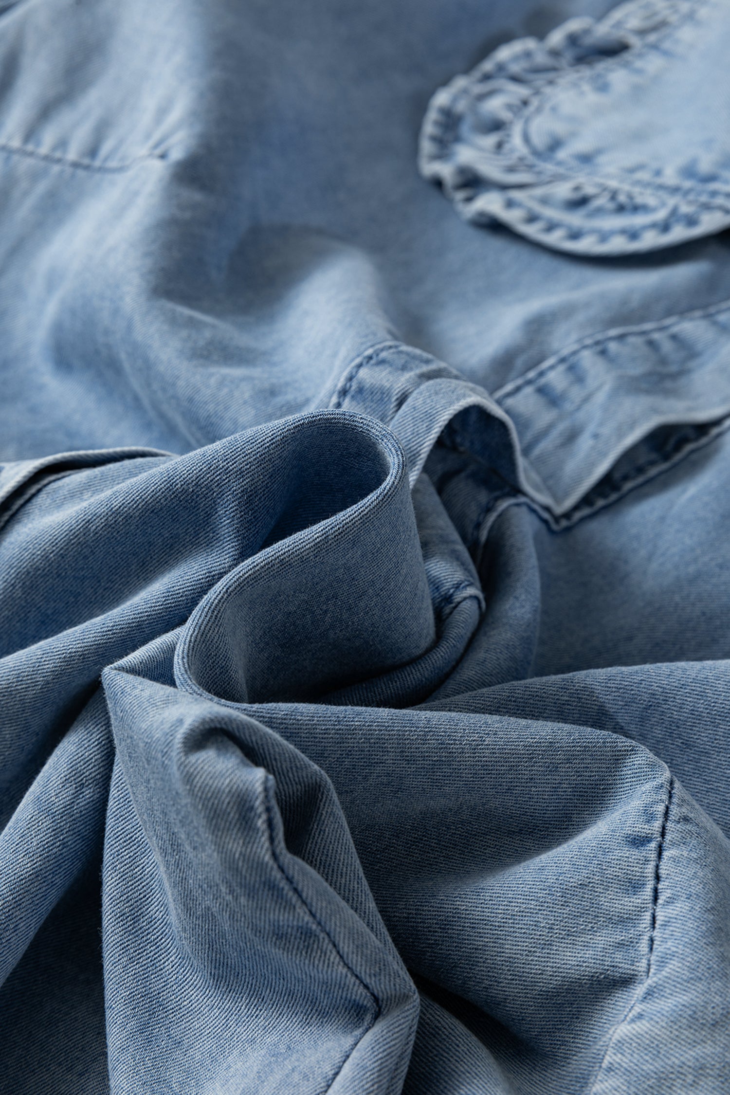 Beau Blue Ruffled Peter Pan Collar Western Denim Shirt-Tops/Blouses & Shirts-[Adult]-[Female]-2022 Online Blue Zone Planet