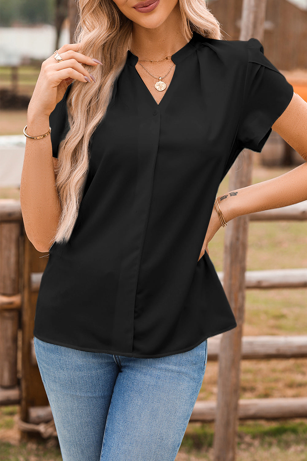 Black Silky Notched Neckline Petal Sleeve Blouse-Tops/Blouses & Shirts-[Adult]-[Female]-2022 Online Blue Zone Planet
