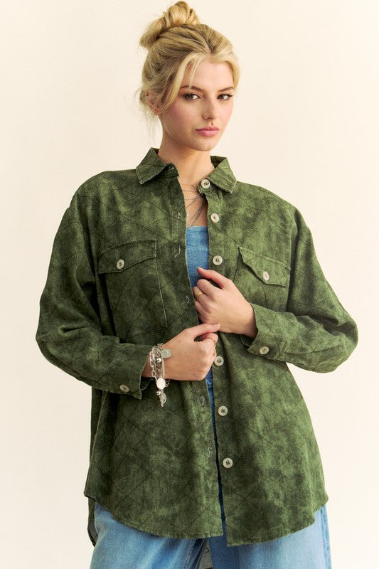 Davi & Dani Curved Hem Diamond Quilted Button Up Denim Shacket-TOPS / DRESSES-[Adult]-[Female]-Army Green-S-2022 Online Blue Zone Planet