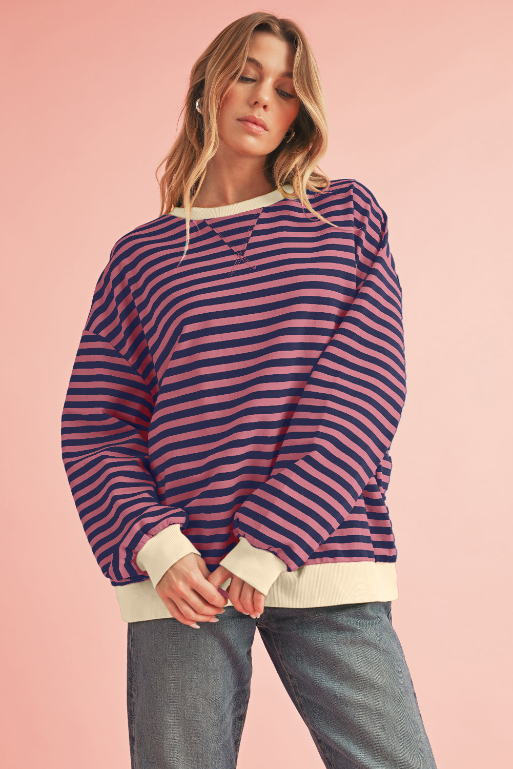 Black Stripe Contrast Edge Cross Seam Oversized Sweatshirt-Sweatshirts & Hoodies-[Adult]-[Female]-Red Stripe-S-2022 Online Blue Zone Planet