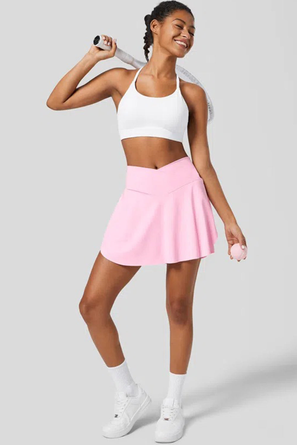 Pink Solid Pocketed Crossover High Waist Swim Skort-Swimwear/Swim Bottoms-[Adult]-[Female]-2022 Online Blue Zone Planet