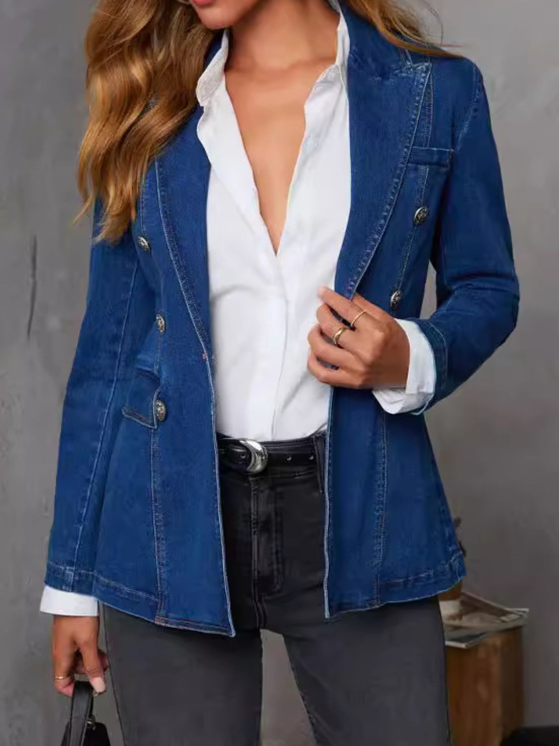 Collared Neck Long Sleeve Denim Jacket-TOPS / DRESSES-[Adult]-[Female]-Dark-S-2022 Online Blue Zone Planet